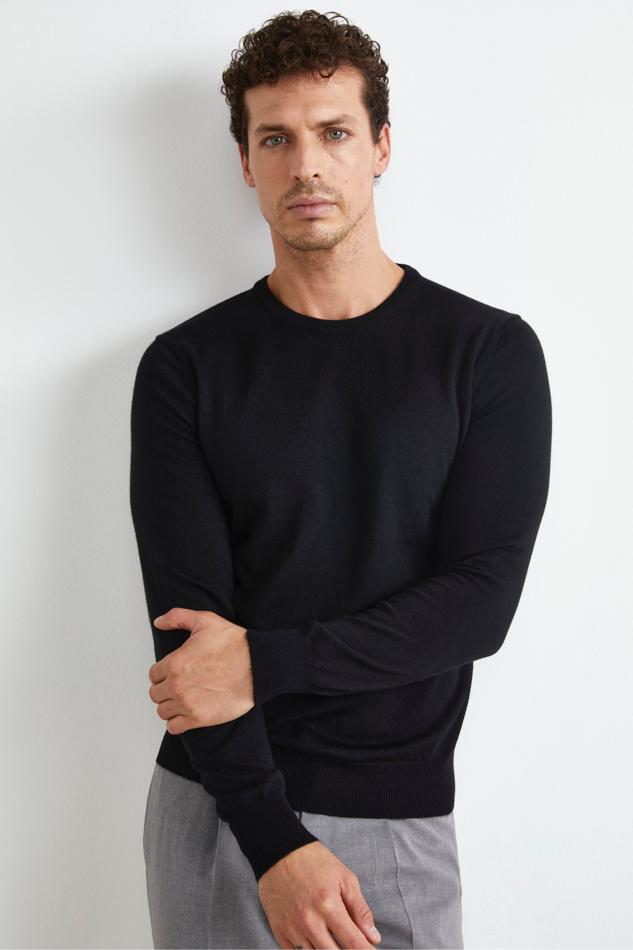 Merino Wool Crewneck Sweater - BLACK