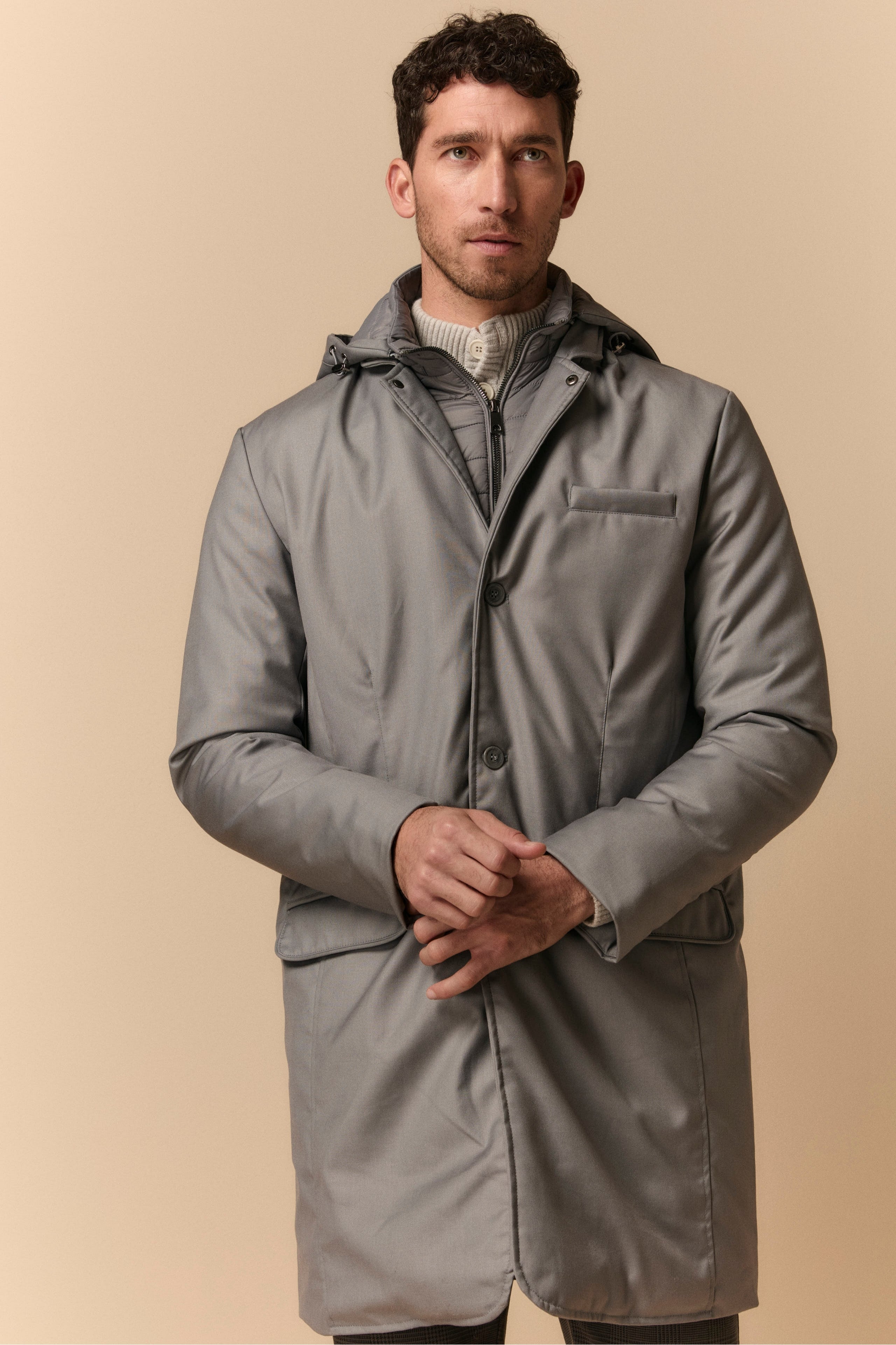 Long Jacket with Removable Hood - Dark grey