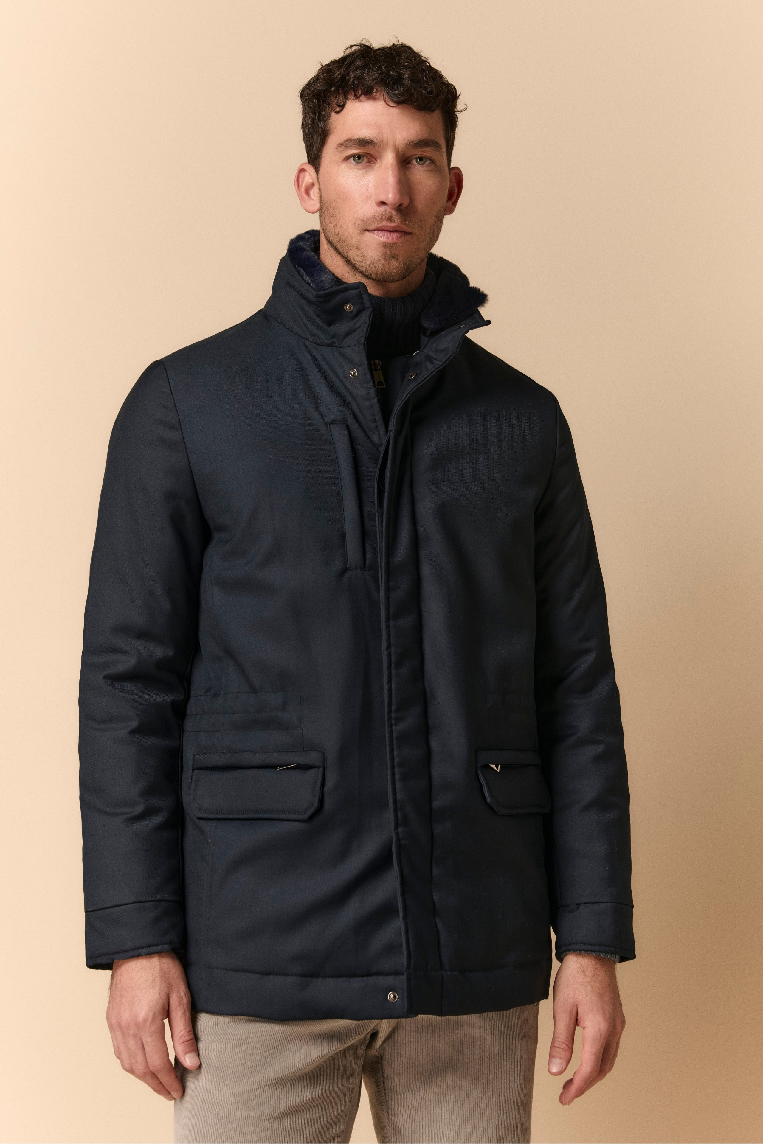 Manteau Matelassé avec Col en Fourrure - BLEU