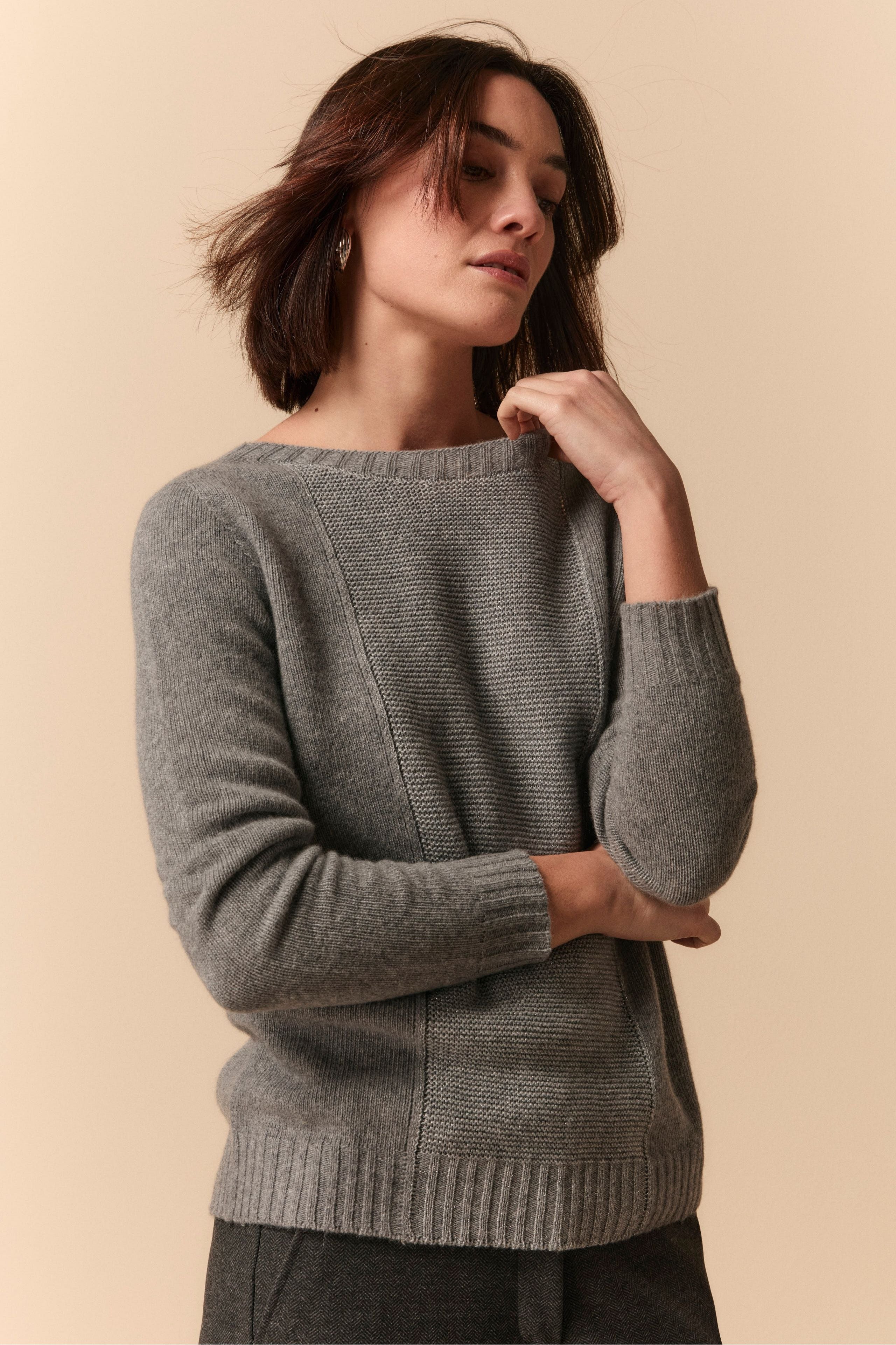 Pull Ras-du-Cou en Lurex, Laine et Cachemire - Gris moyen