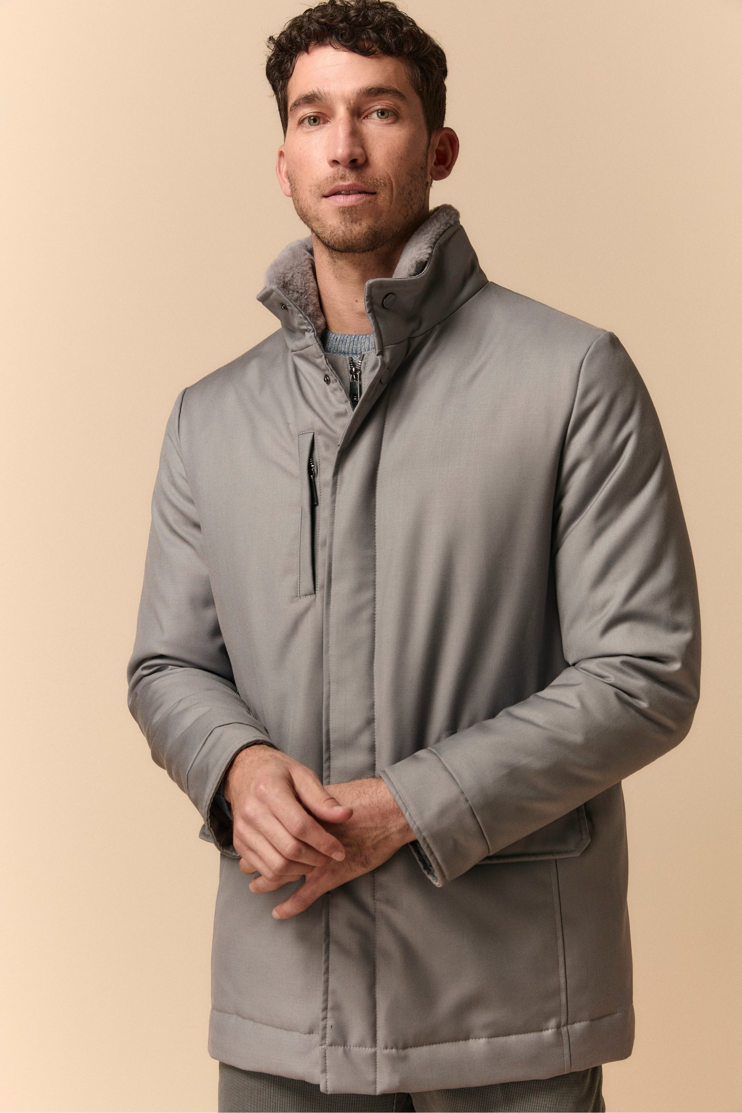 Manteau Matelassé avec Col en Fourrure - Gris foncé