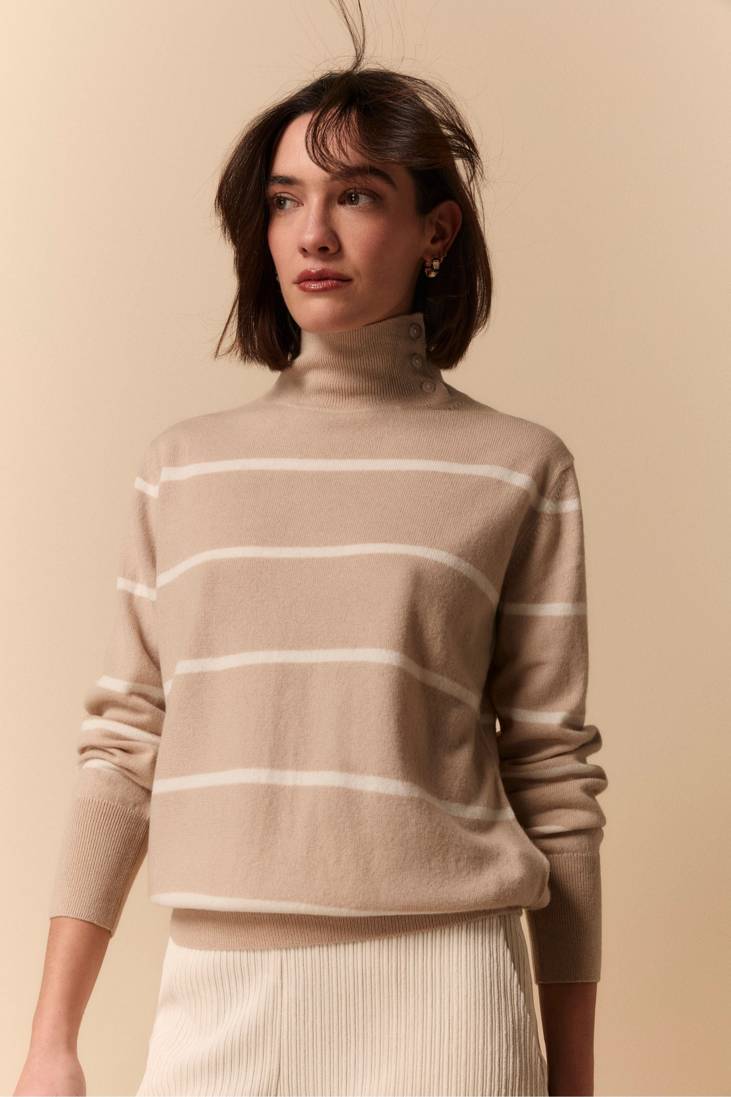 Patterned Turtleneck Sweater in Wool and Cashmere - Beige stripe