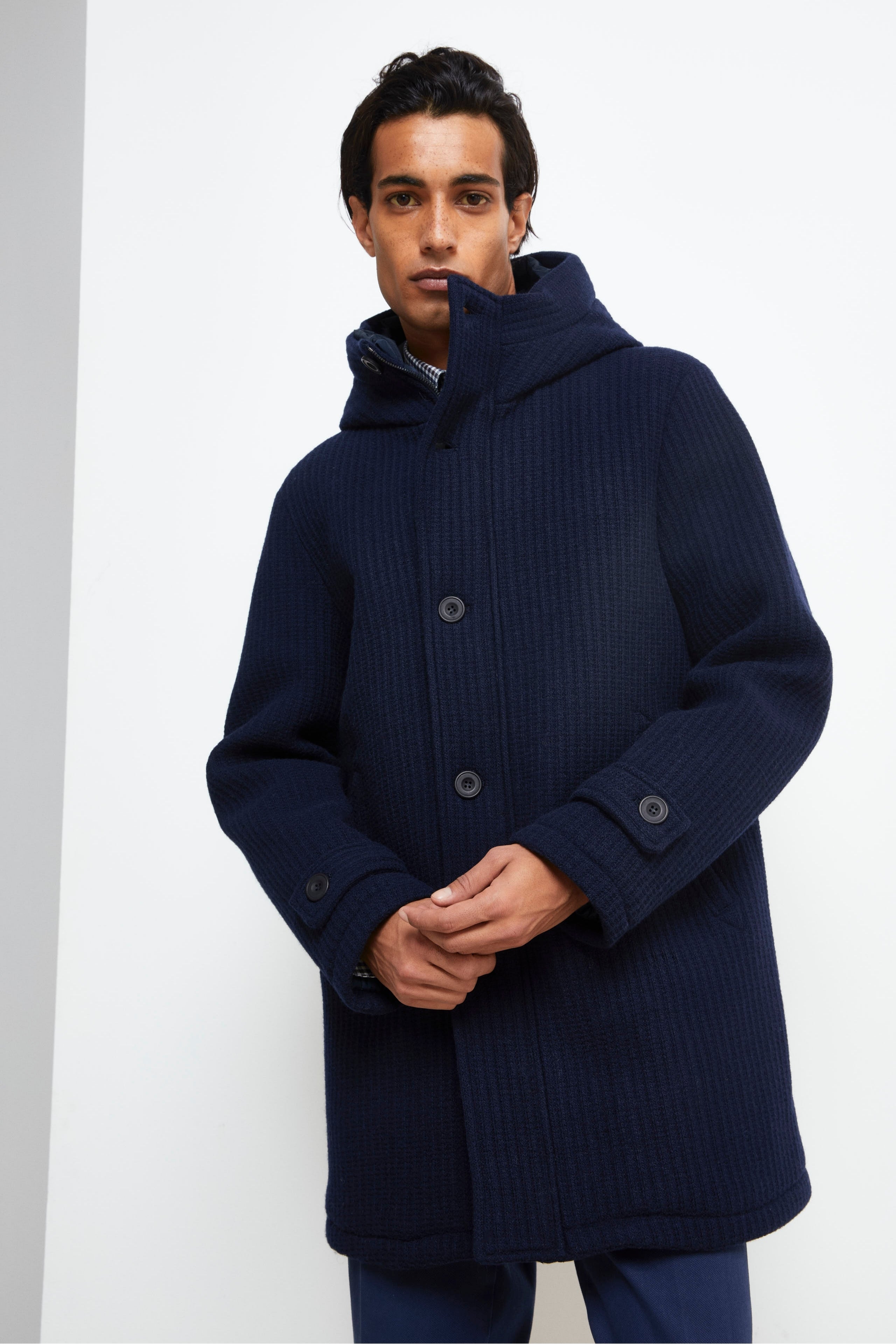 Wool Coat with Hood - BLUE