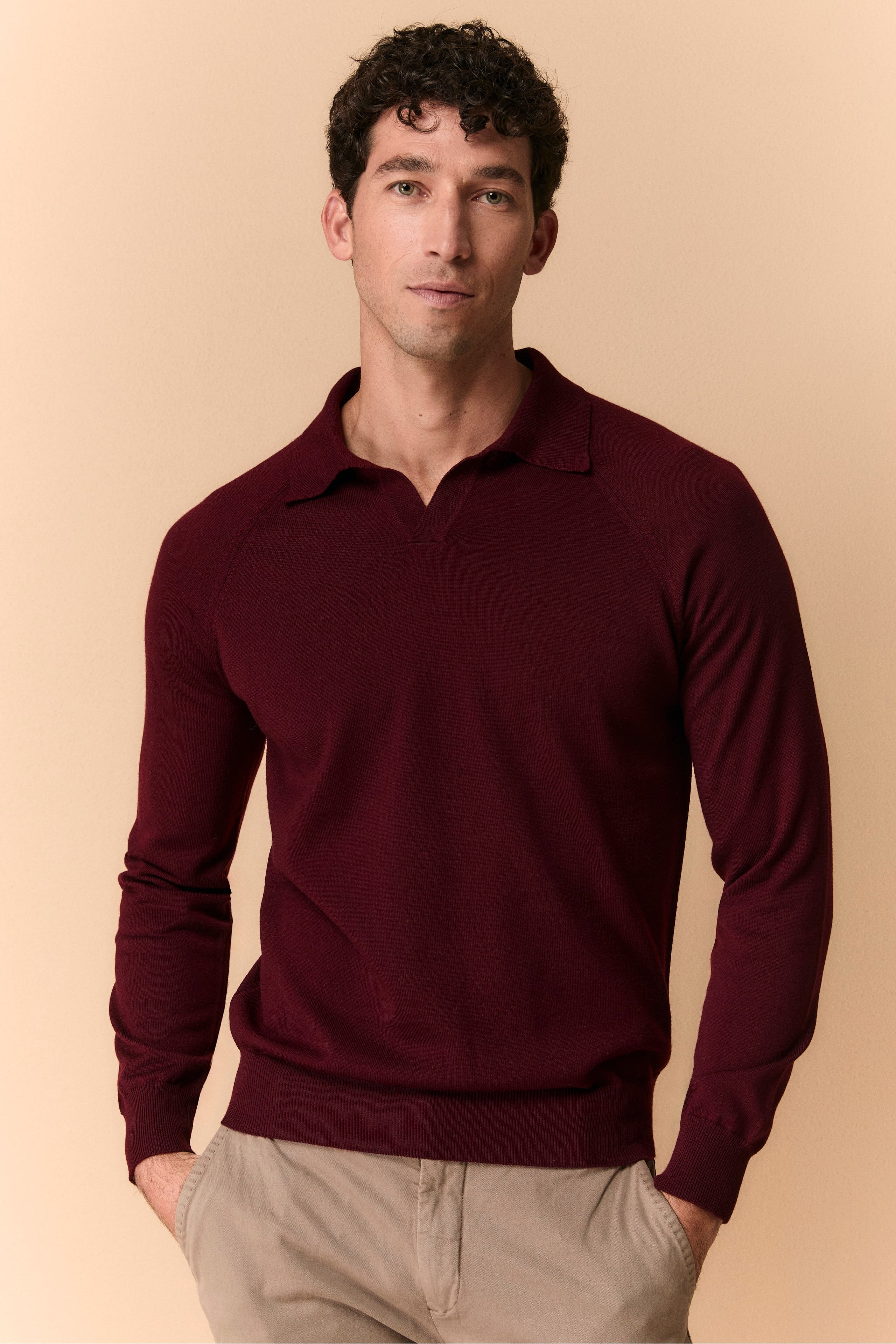 Raglan Polo in Extrafine Merino Wool - Burgundy