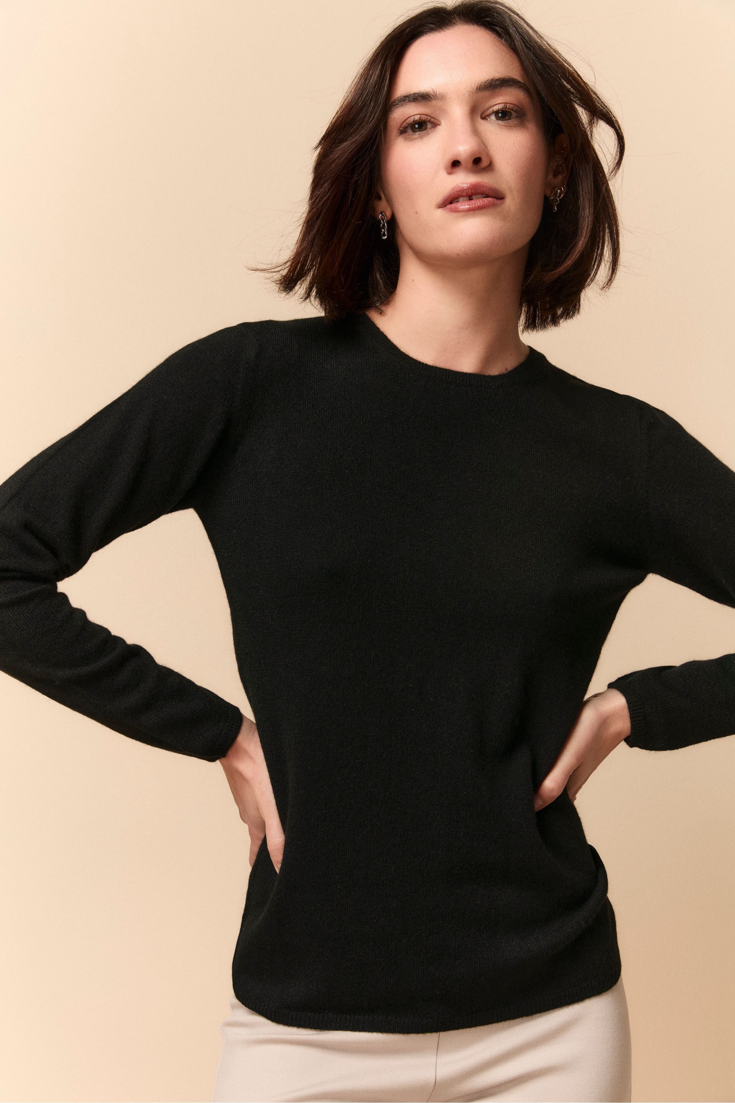 Regular Fit Crew Neck Sweater in Cashmere - BLACK