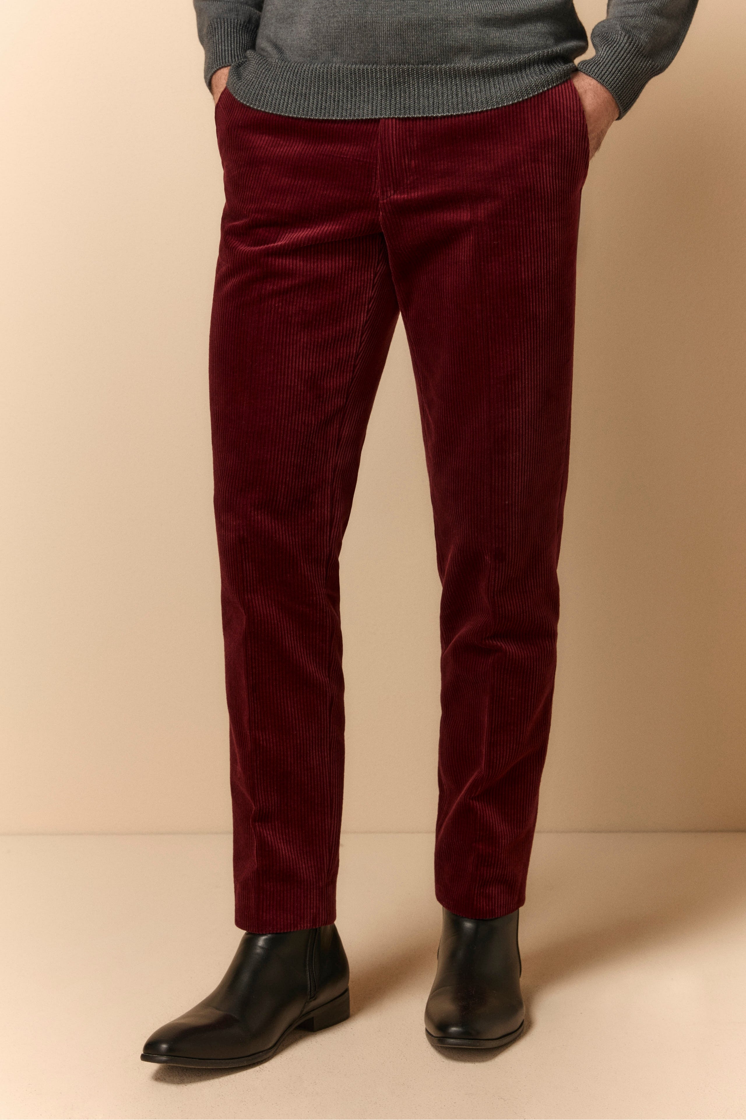 Regular Fit Velvet Trousers - Burgundy