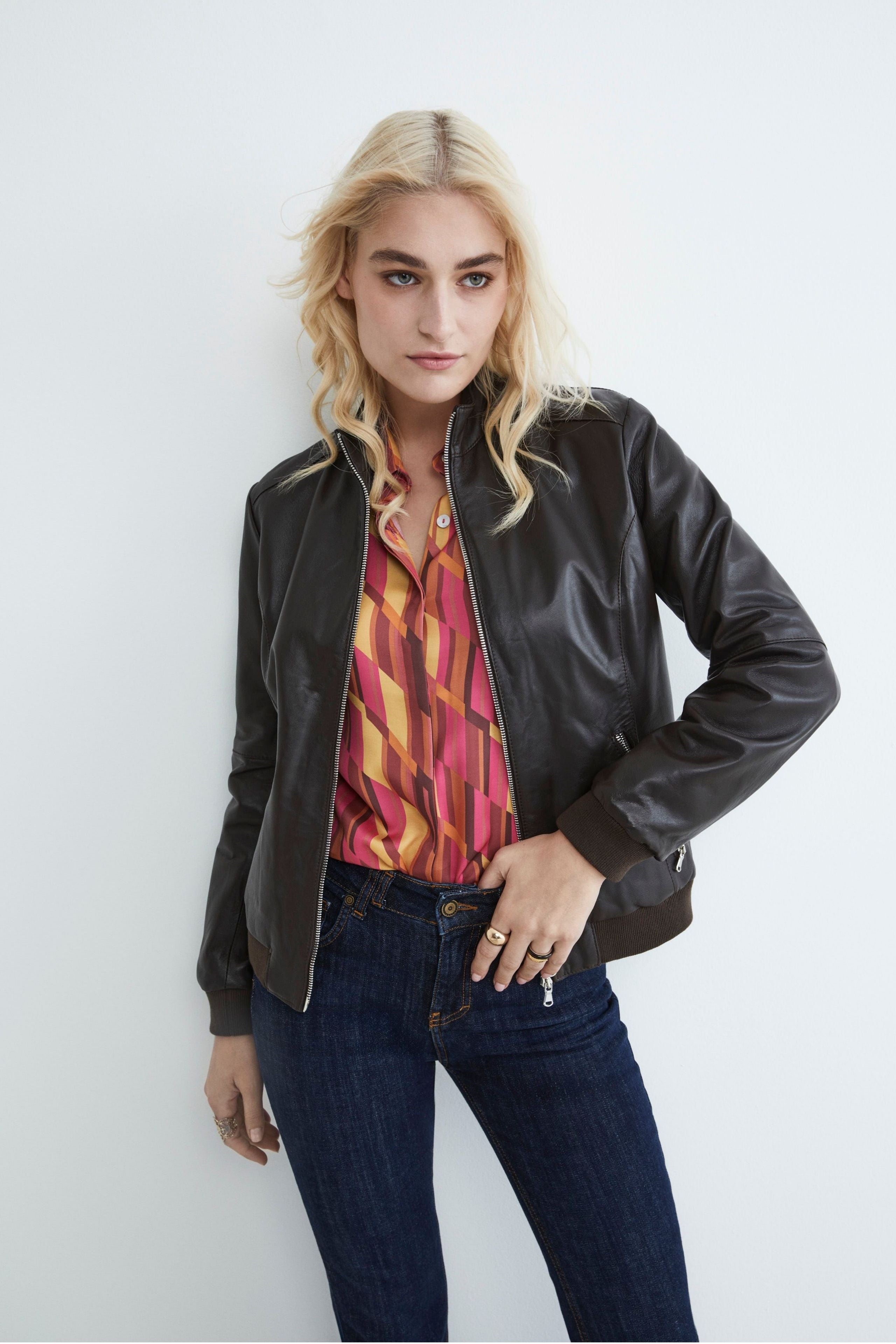 Leather bomber jacket - Dark brown