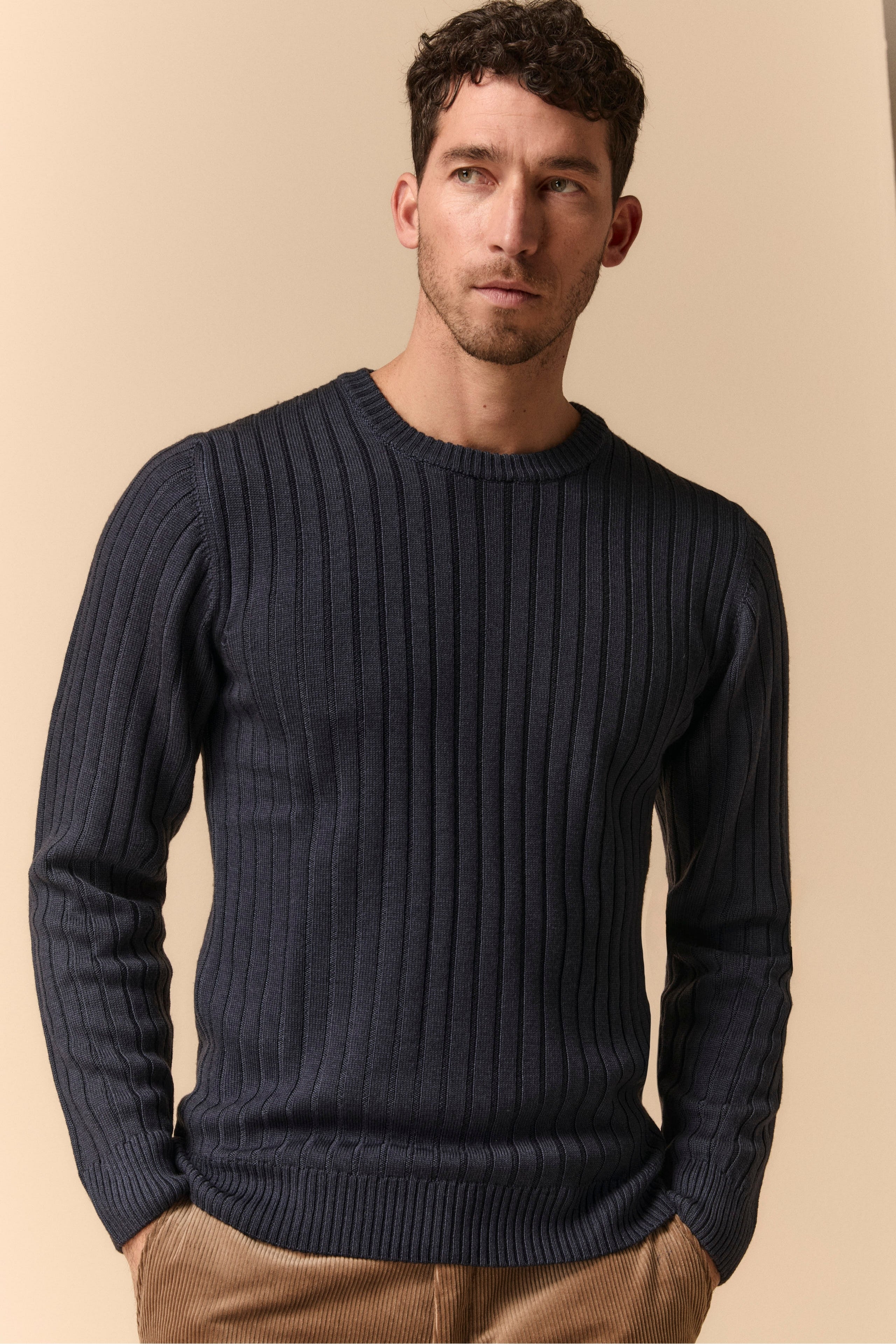 Ribbed Crew Neck in Merino Wool - BLUE MARINE