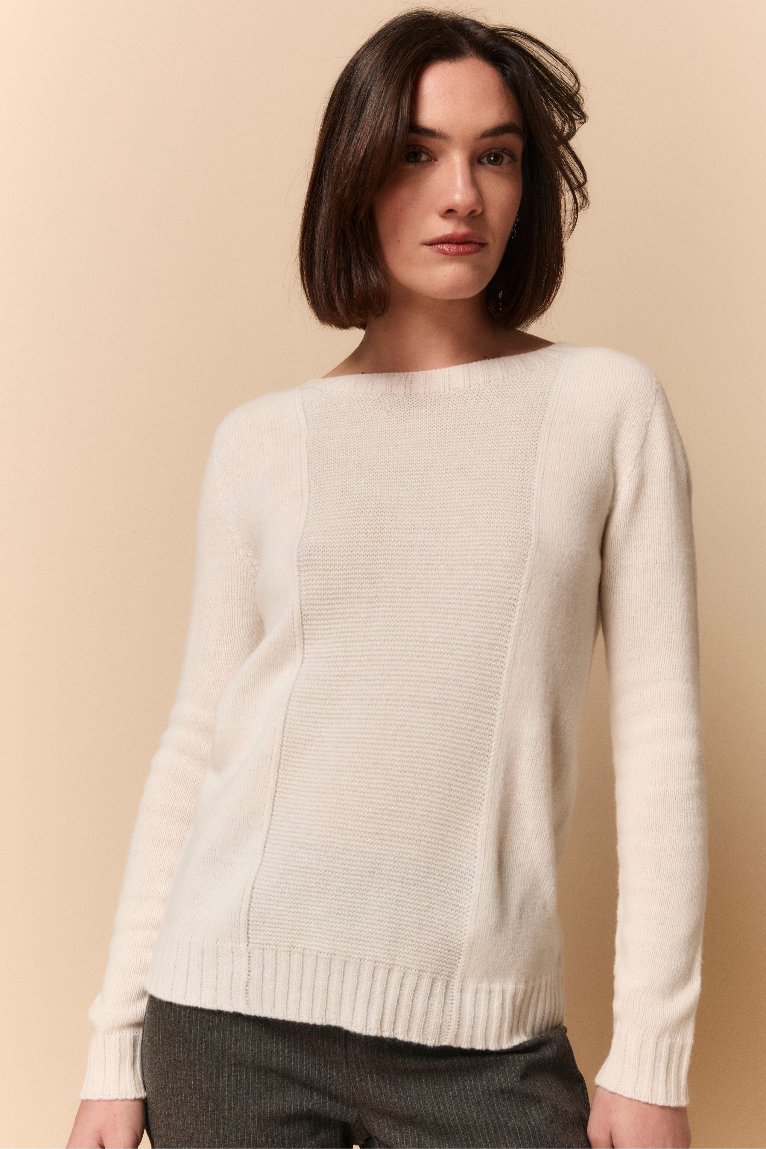 Lurex Crew Neck Sweater in Wool and Cashmere - CREAM