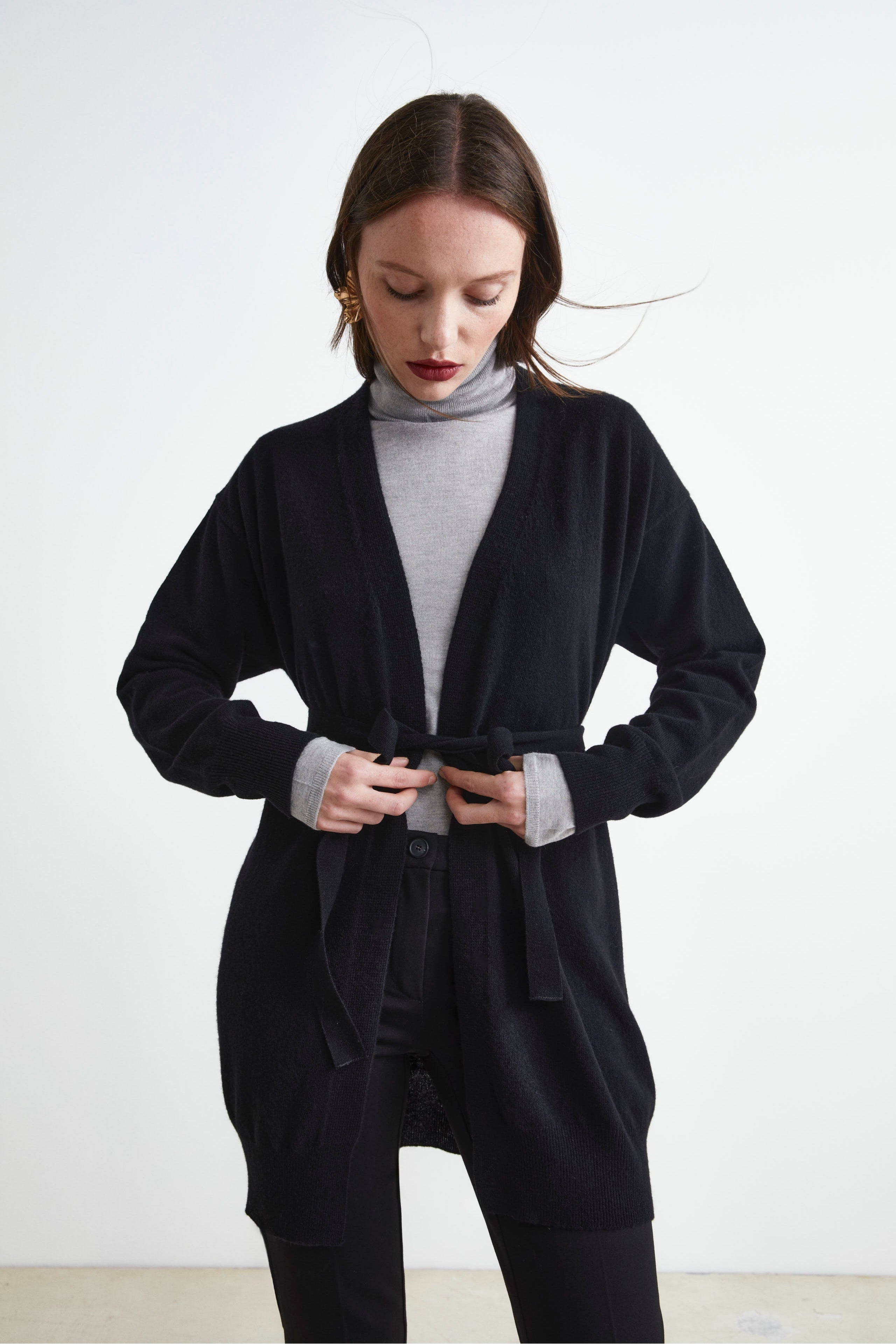 Cashmere Wool Belted Cardigan - BLACK