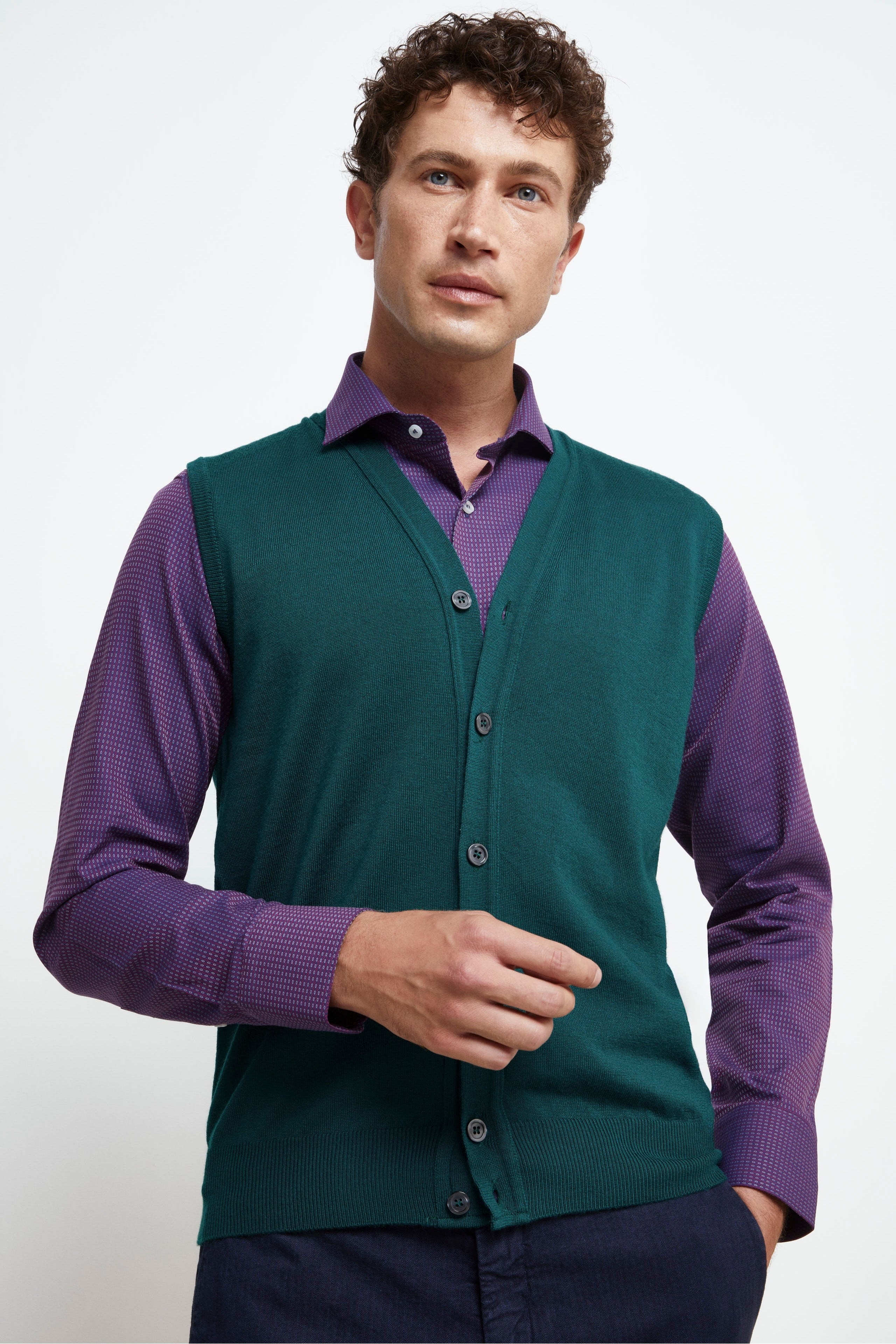 Gilet Boutonné en Laine Mérinos - Vert foncé