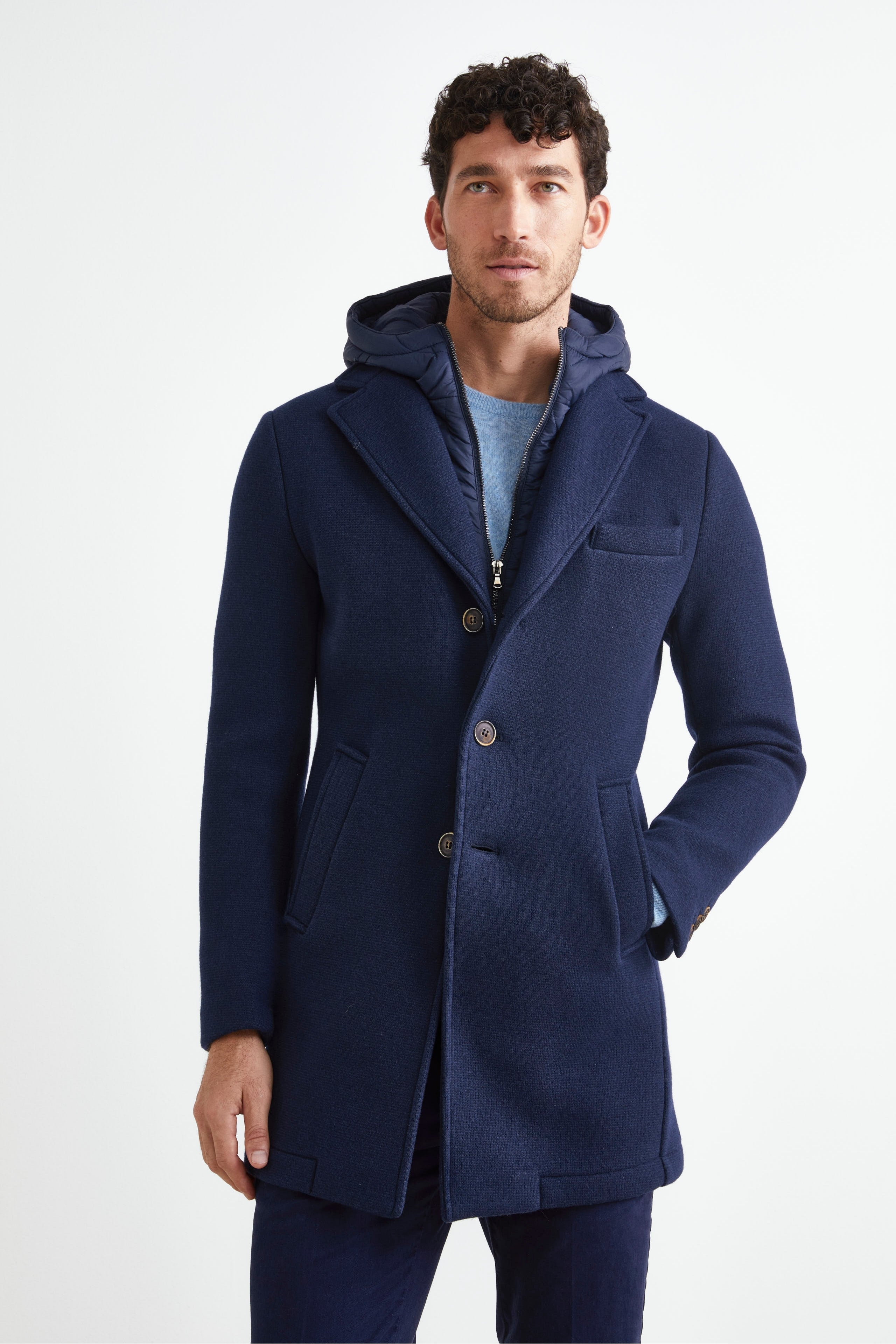 Cappotto con Cappuccio in Misto Lana - BLU