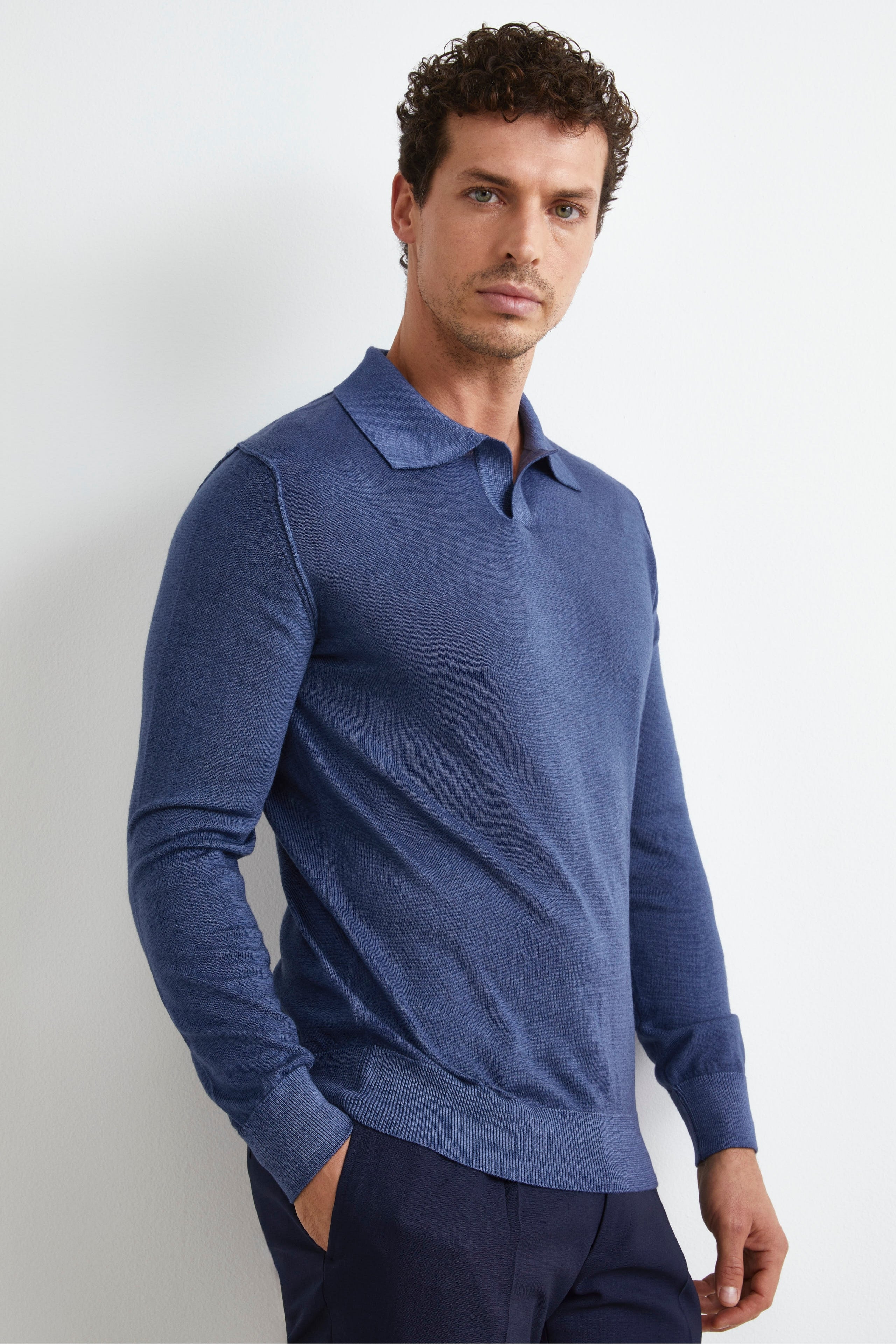 Merino wool derby polo shirt - DENIM