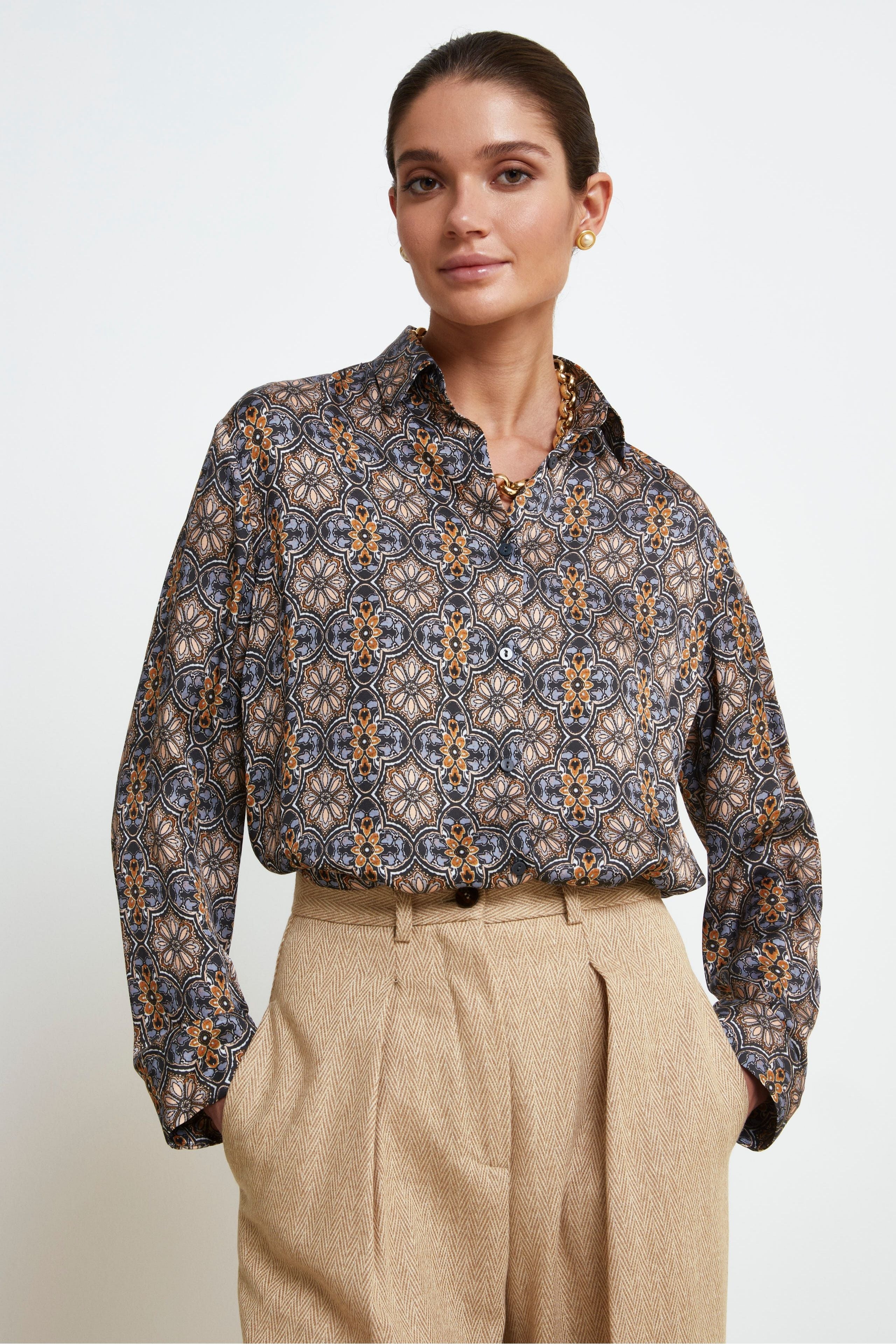 Soft Patterned Shirt - GREY/BEIGE PATTERN