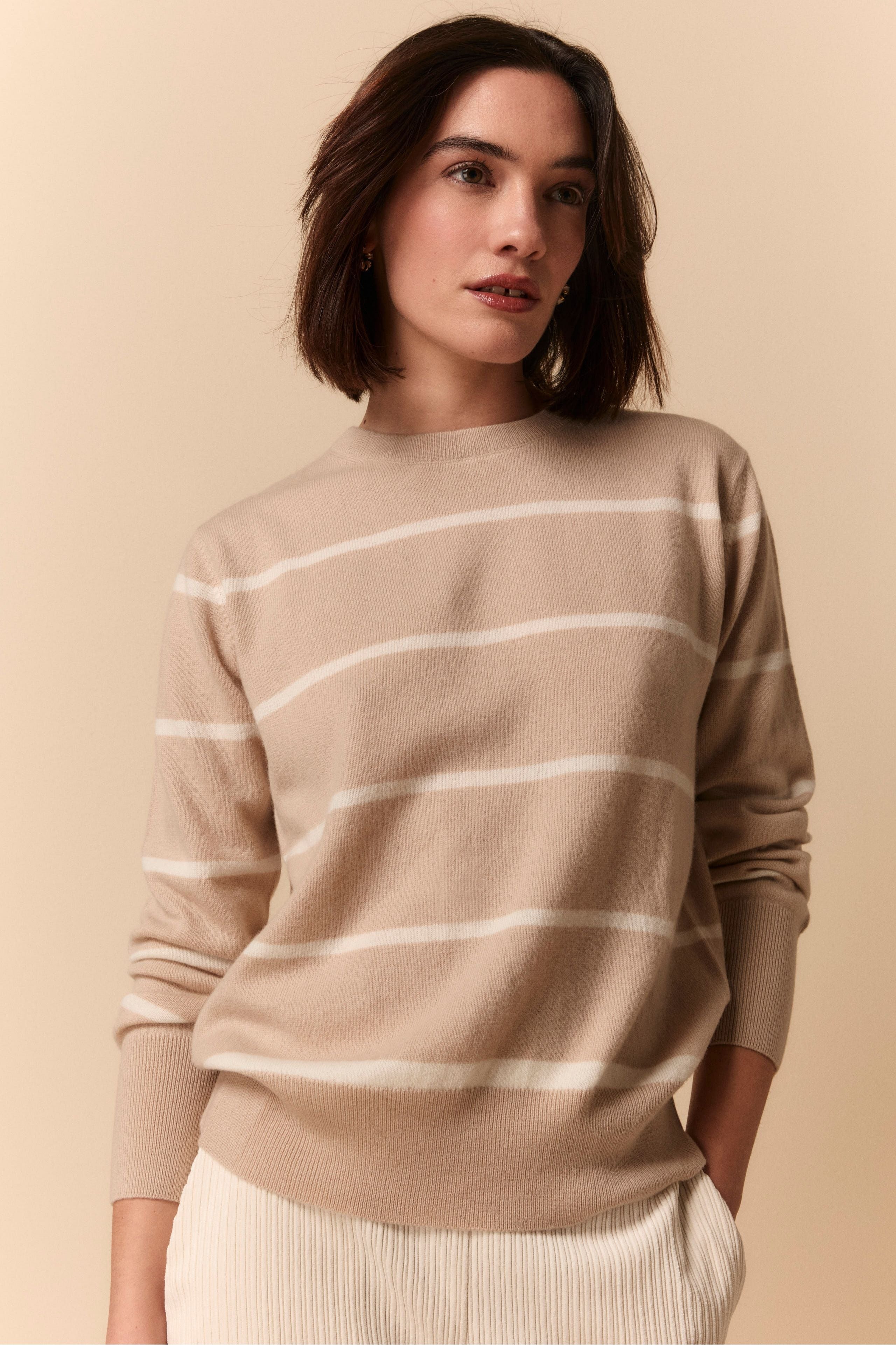 Patterned Crew Neck Sweater in Wool and Cashmere - Beige stripe