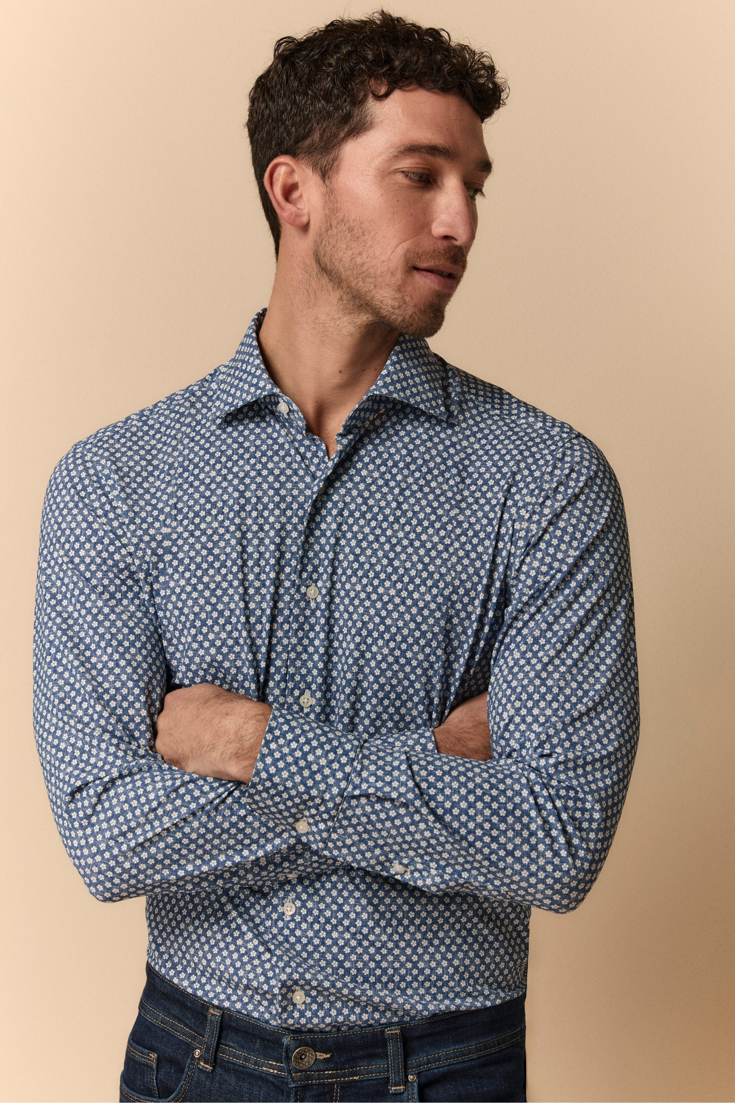 Floral Slim Fit Shirt in Jersey - White-Blue pattern