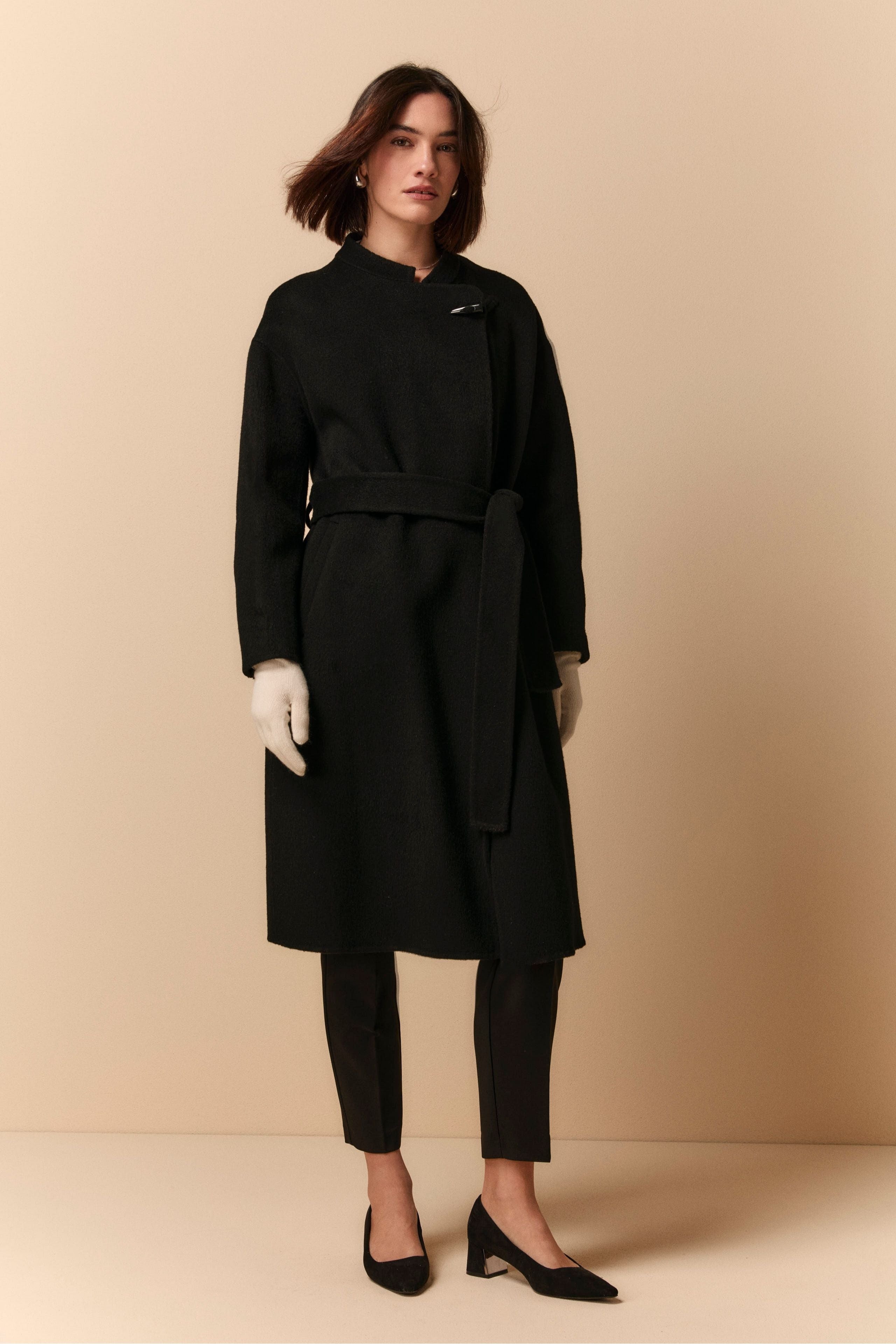 Wool Wrap Coat - BLACK