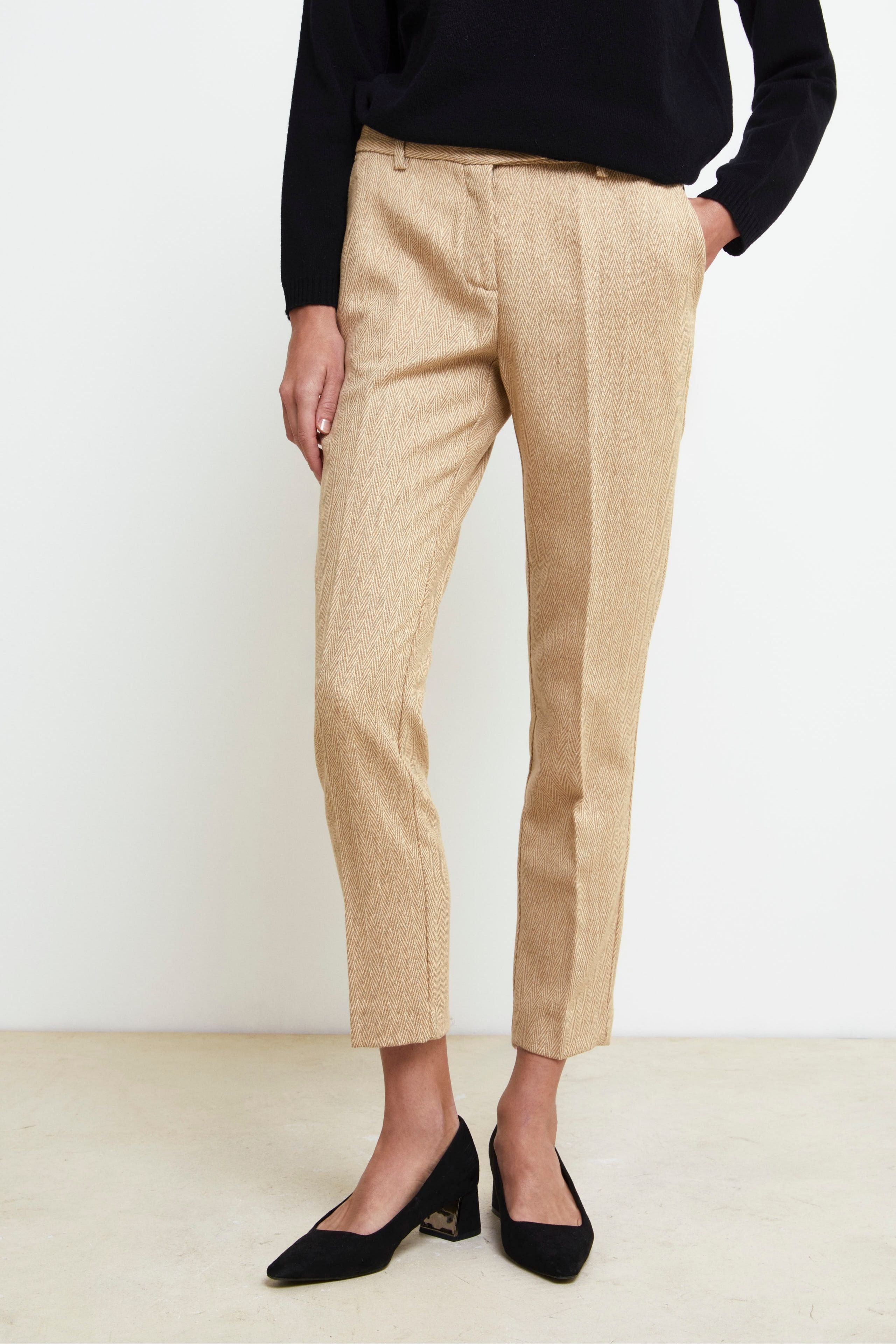 Schlanke Wollhose - BEIGE FISCHGRÄTMUSTER