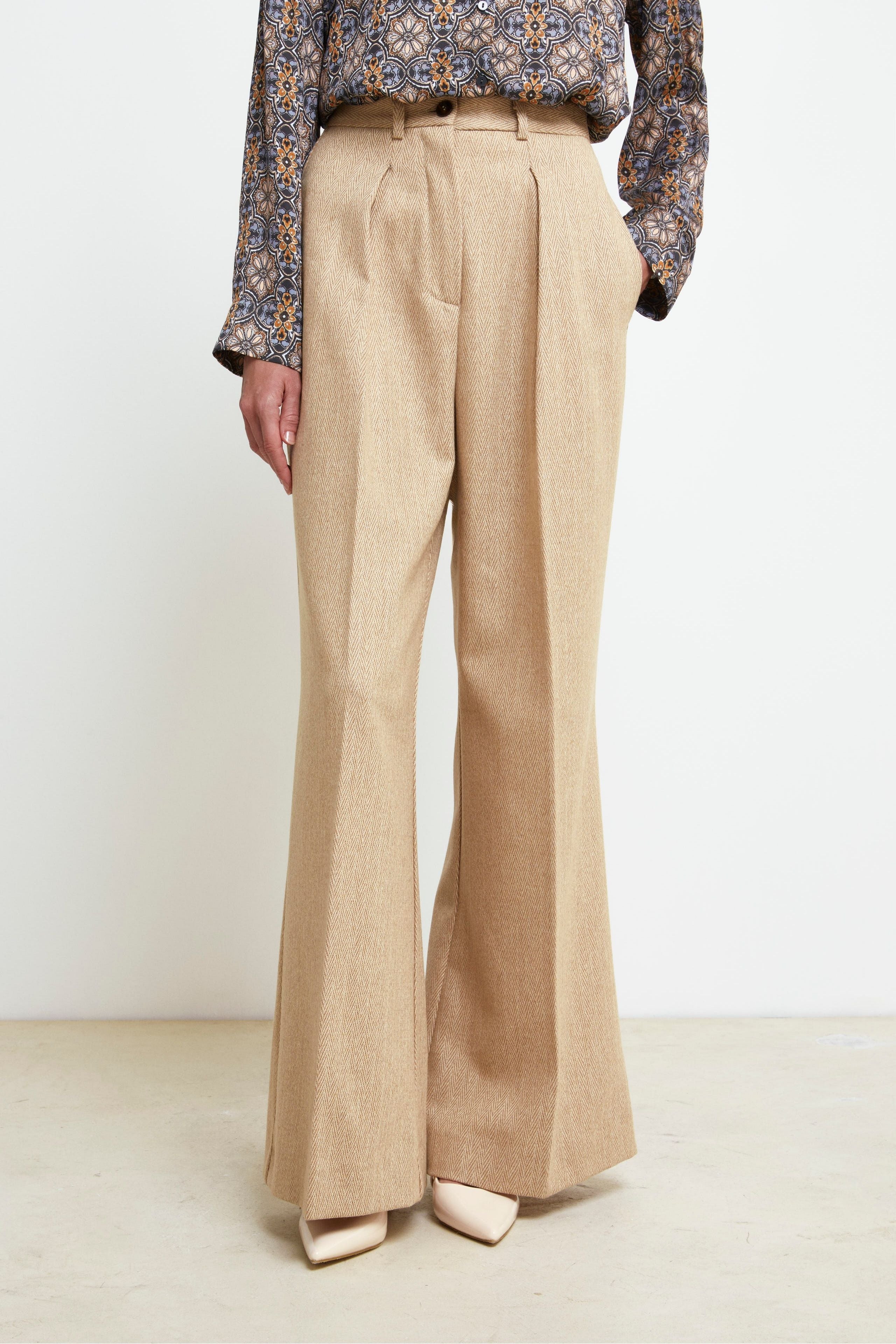 Wide-Leg Wool Trousers - BEIGE HERRINGBONE