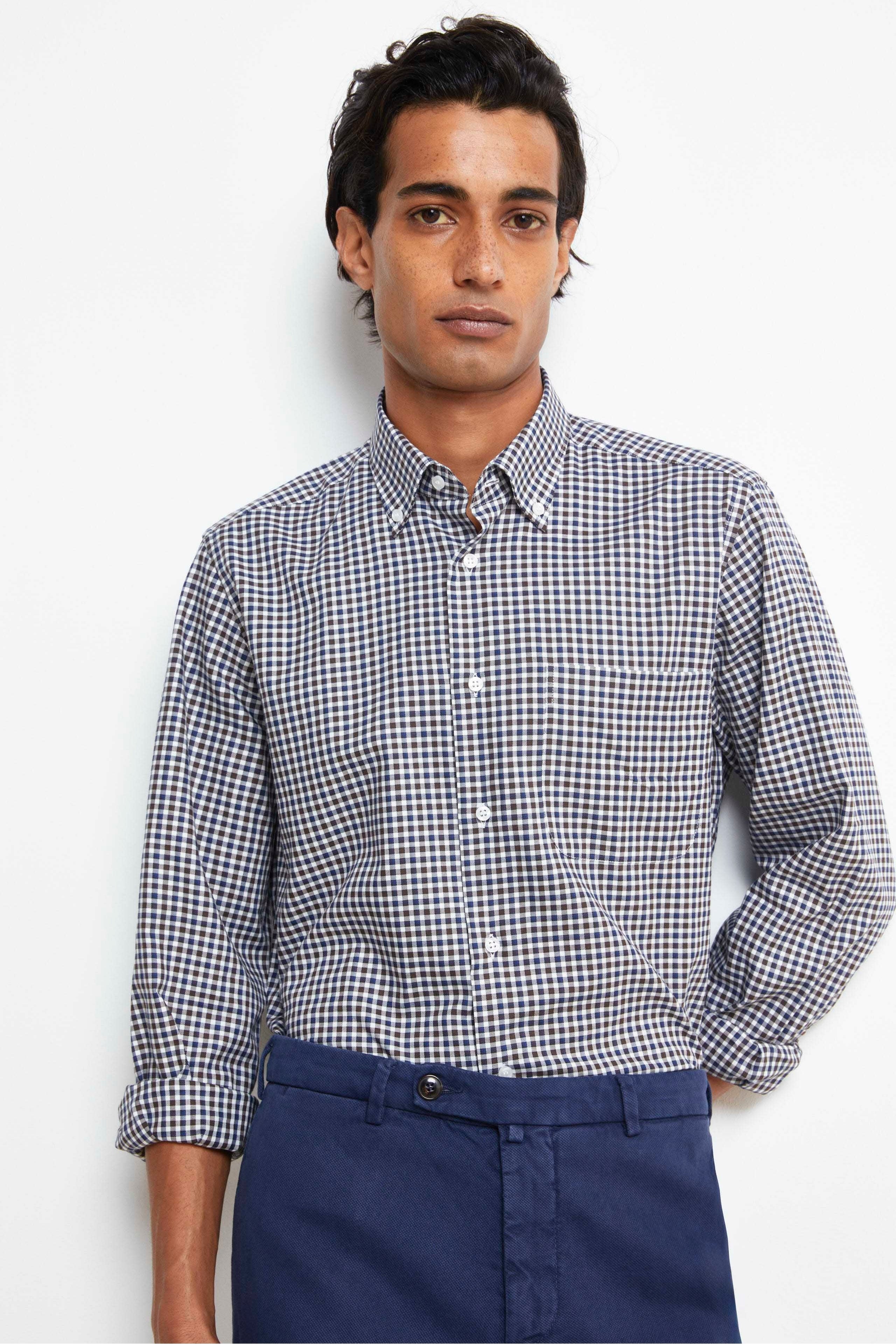 Regular Fit Button-Down Karomusterhemd - Brauner Scheck