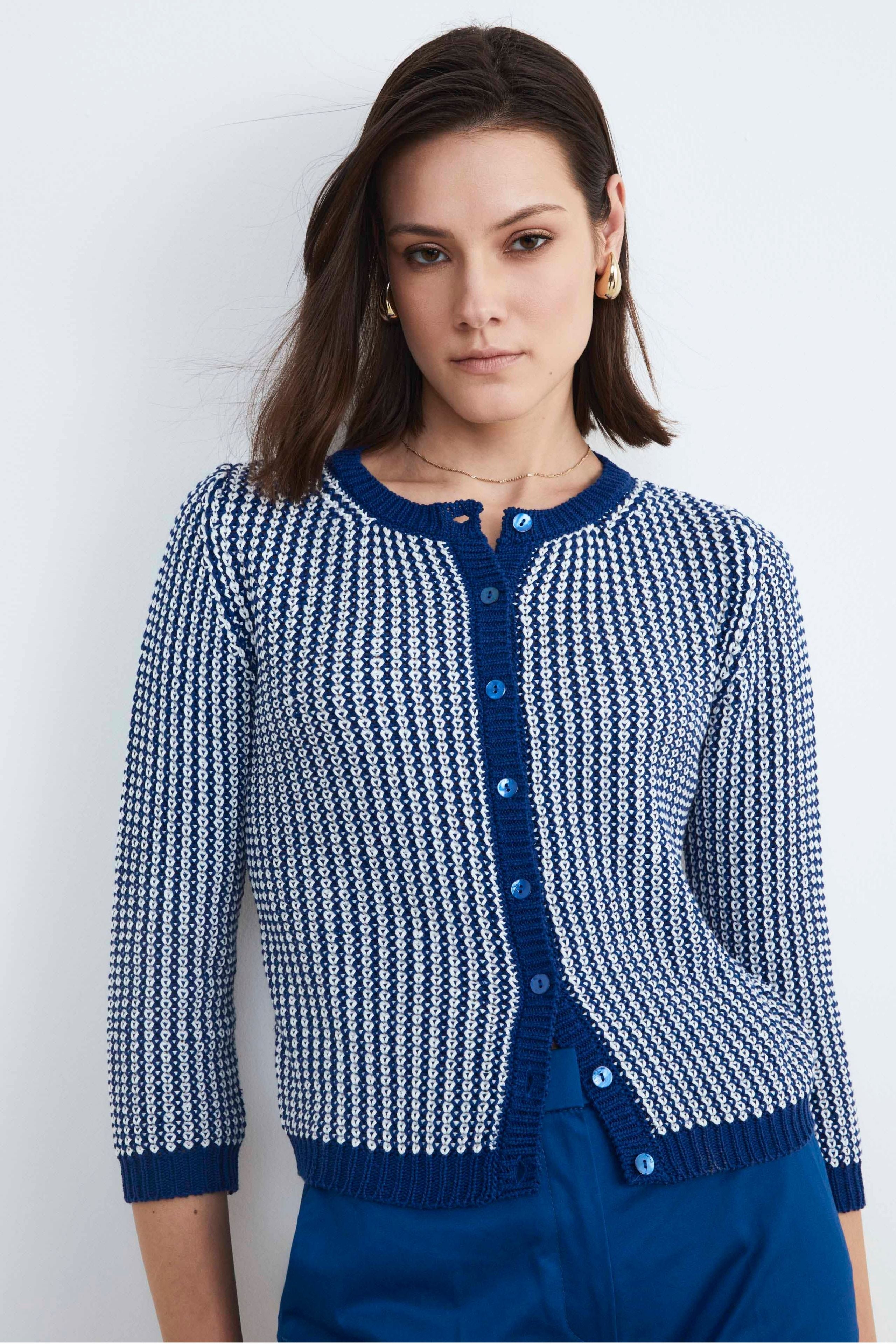 Casual women’s cardigan - WHITE/COBALT BLUE