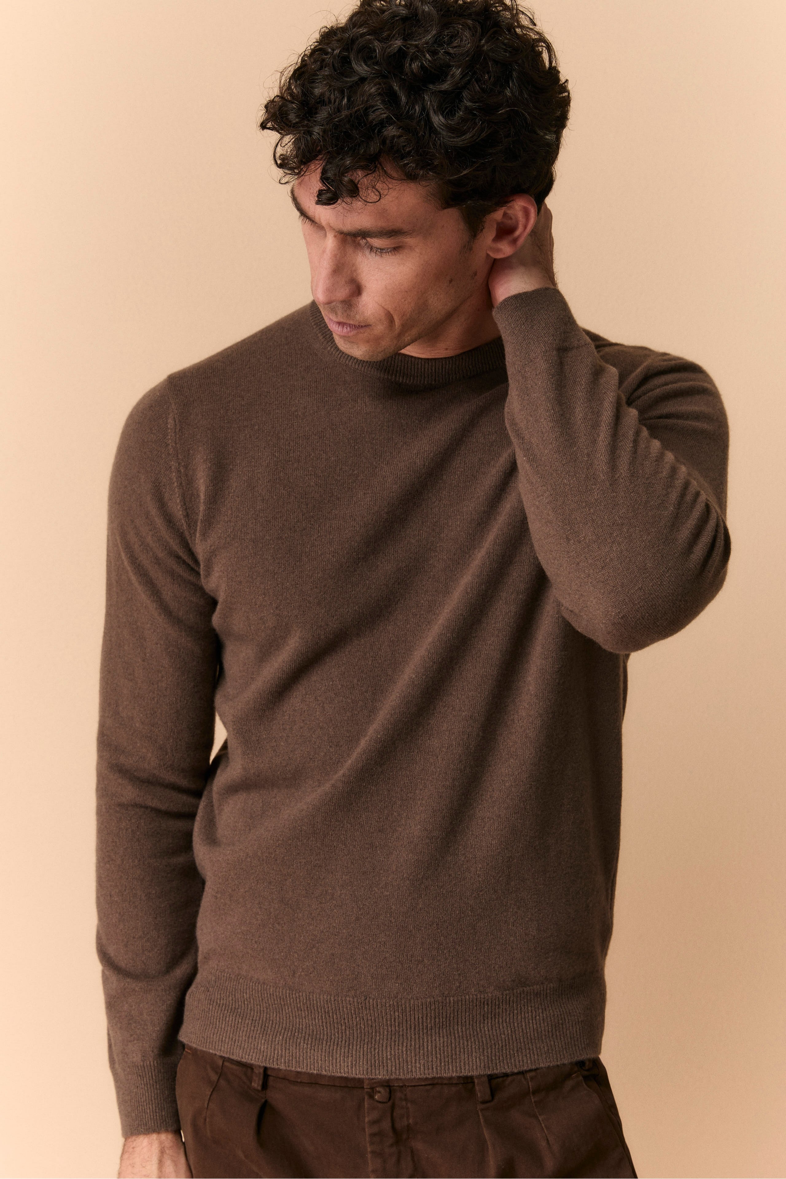 Crew-neck sweater in wool - Cacao brown