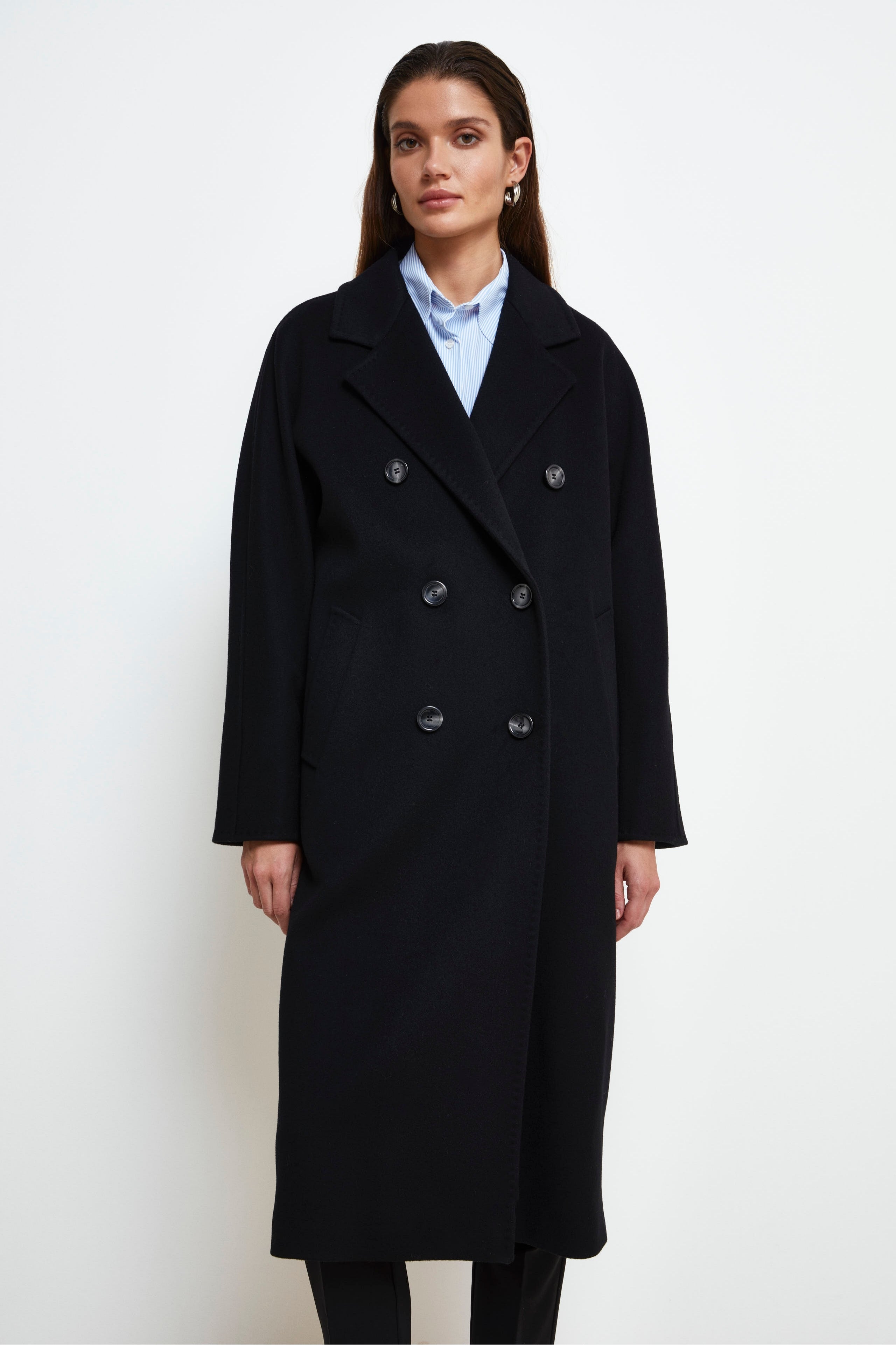 Long Double-Breasted Wool Coat - BLACK