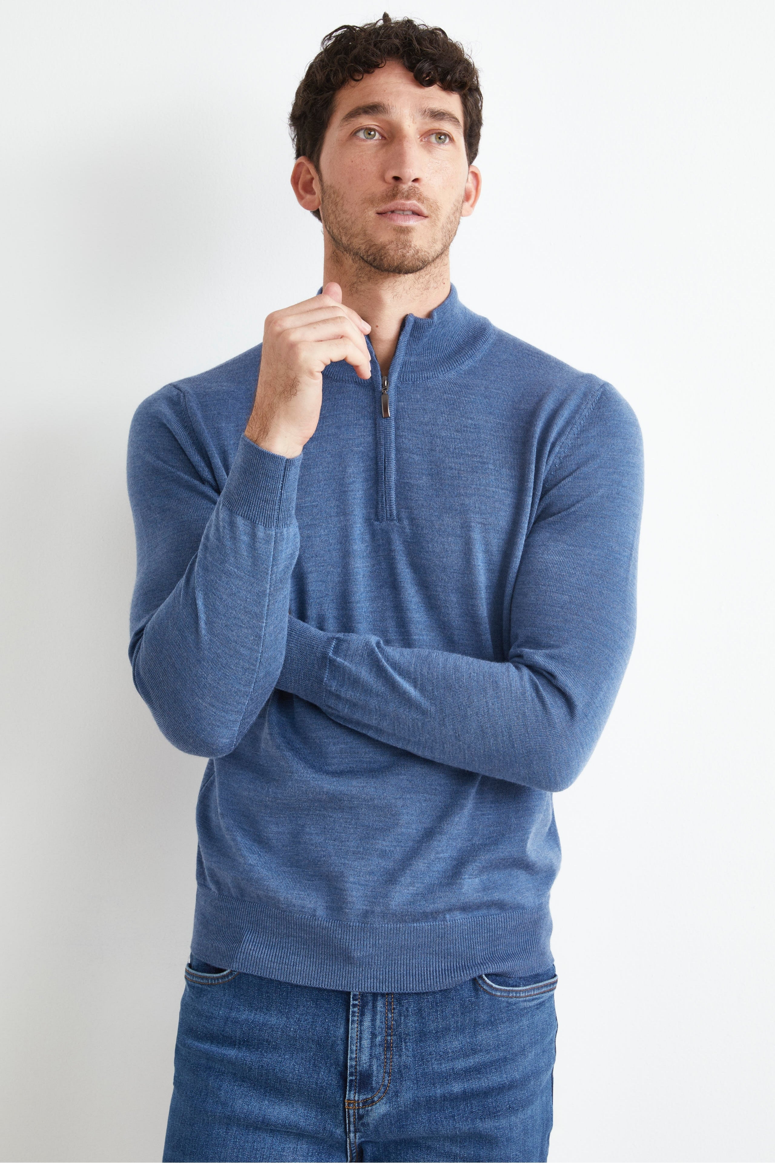 Turtleneck with Zip in Merino Wool - DENIM