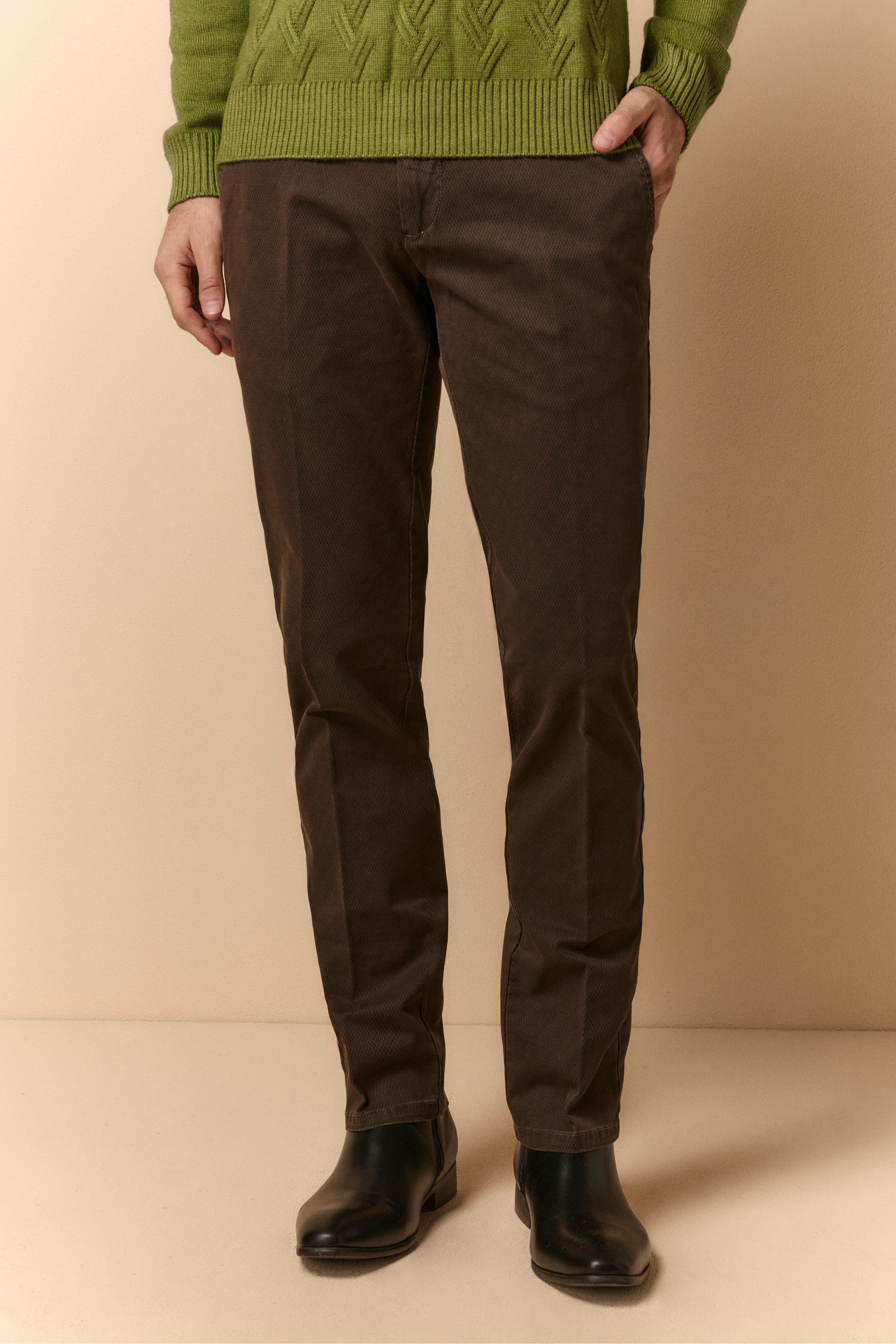 Patterned Slim Fit Trousers in Gabardine - DARK BROWN PATTERN