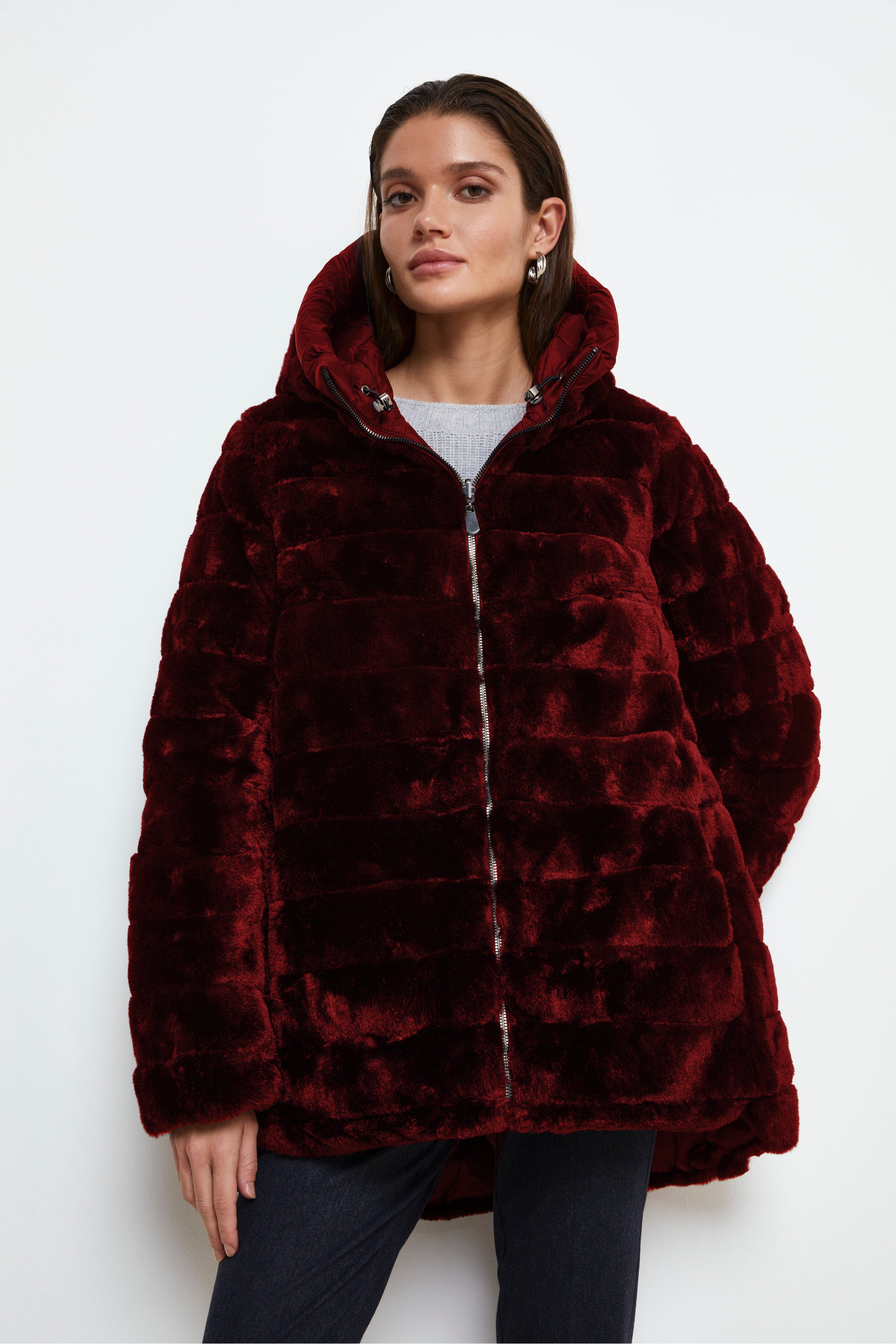 Reversible Down Jacket with Fur - Burgundy