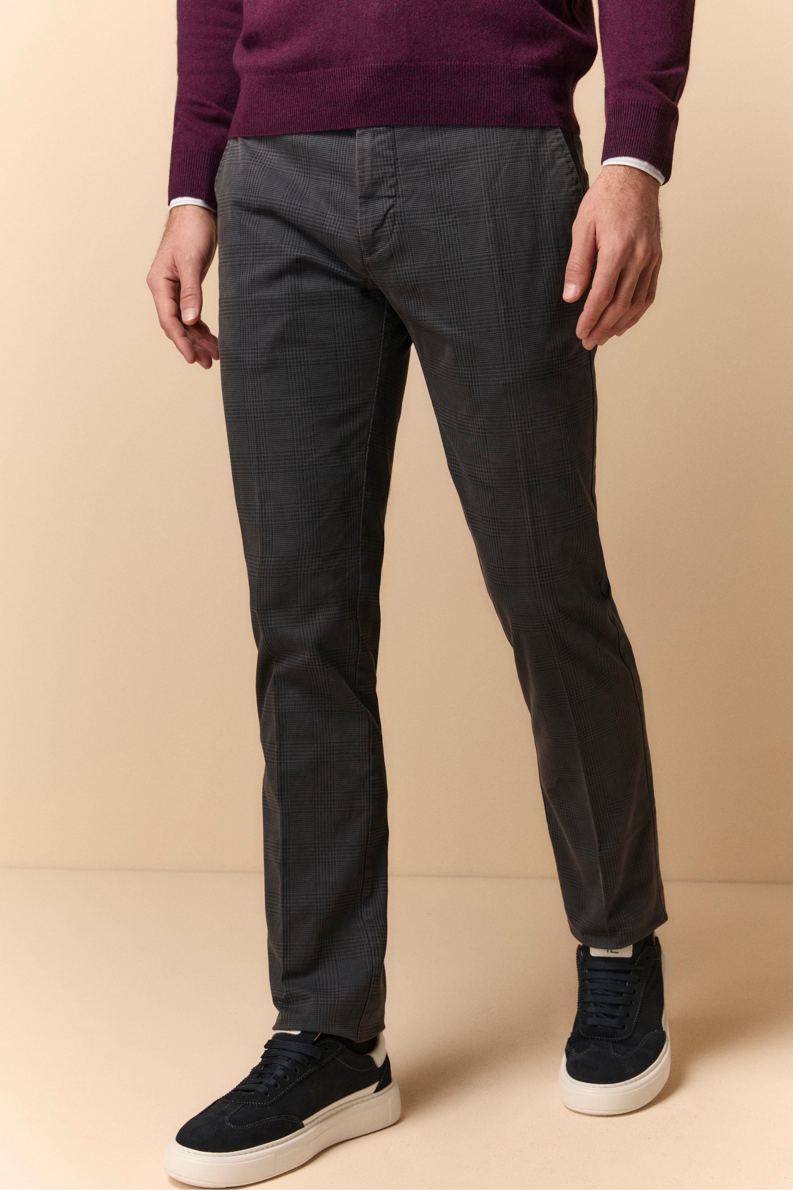 Pantalon Slim Fit à Motifs en Gabardine -  BLEU CARREAUX