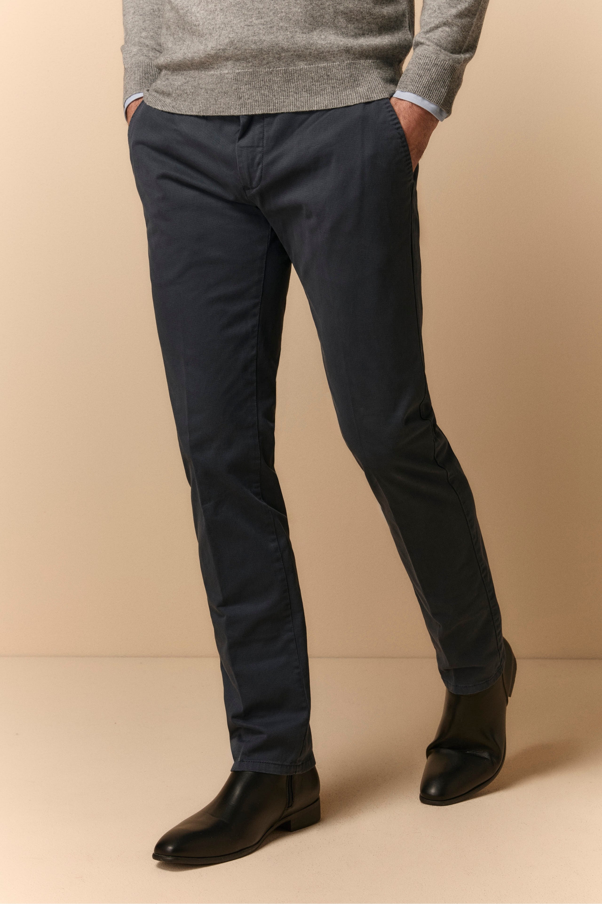 Patterned Slim Fit Trousers in Gabardine - BLUE MICRO EFFECT