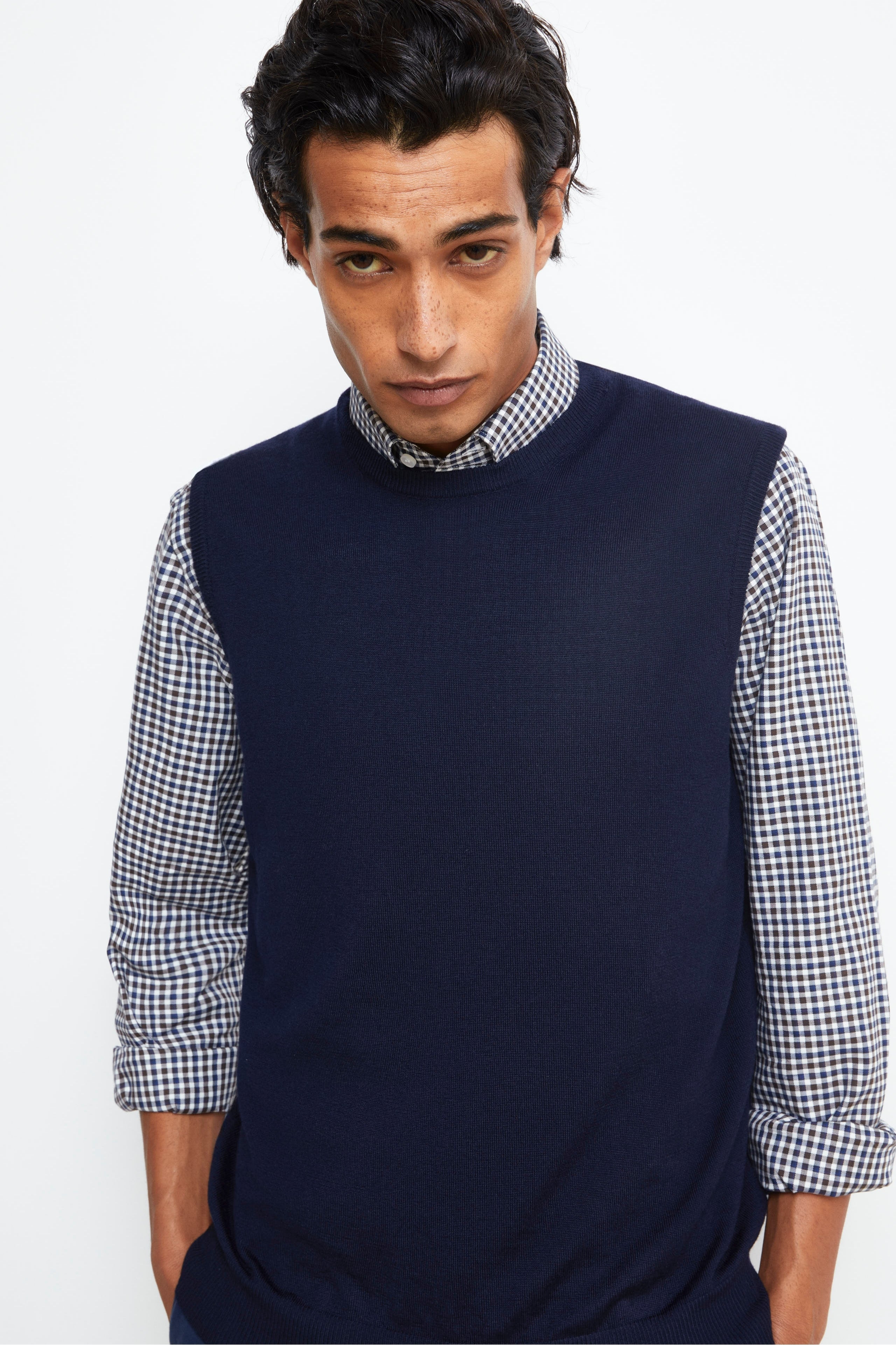 Crew Neck Merino Wool Gilet - BLUE