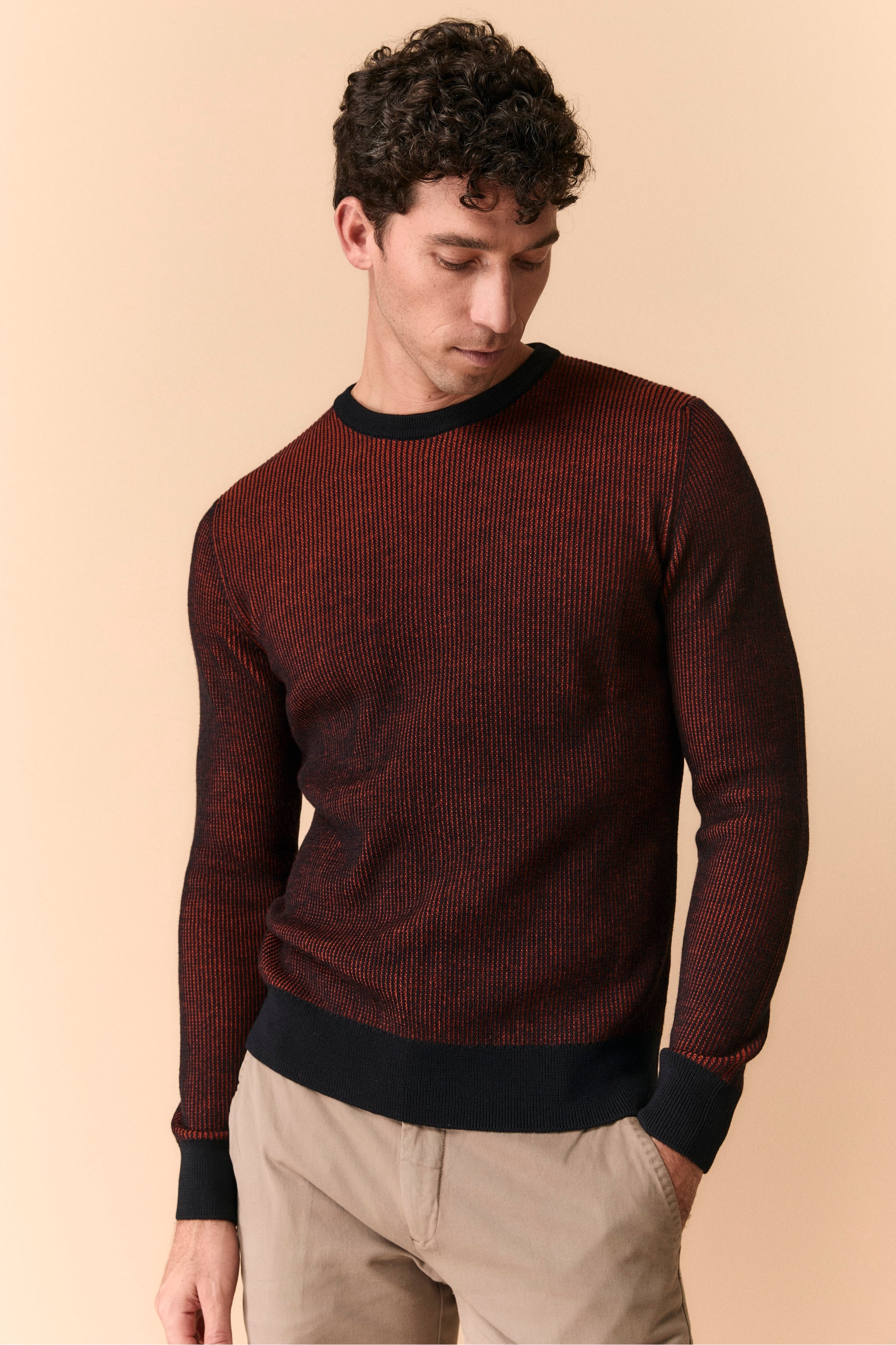 Gerippter Pullover aus Extrafeiner Merinowolle - BLU/ARANCIO