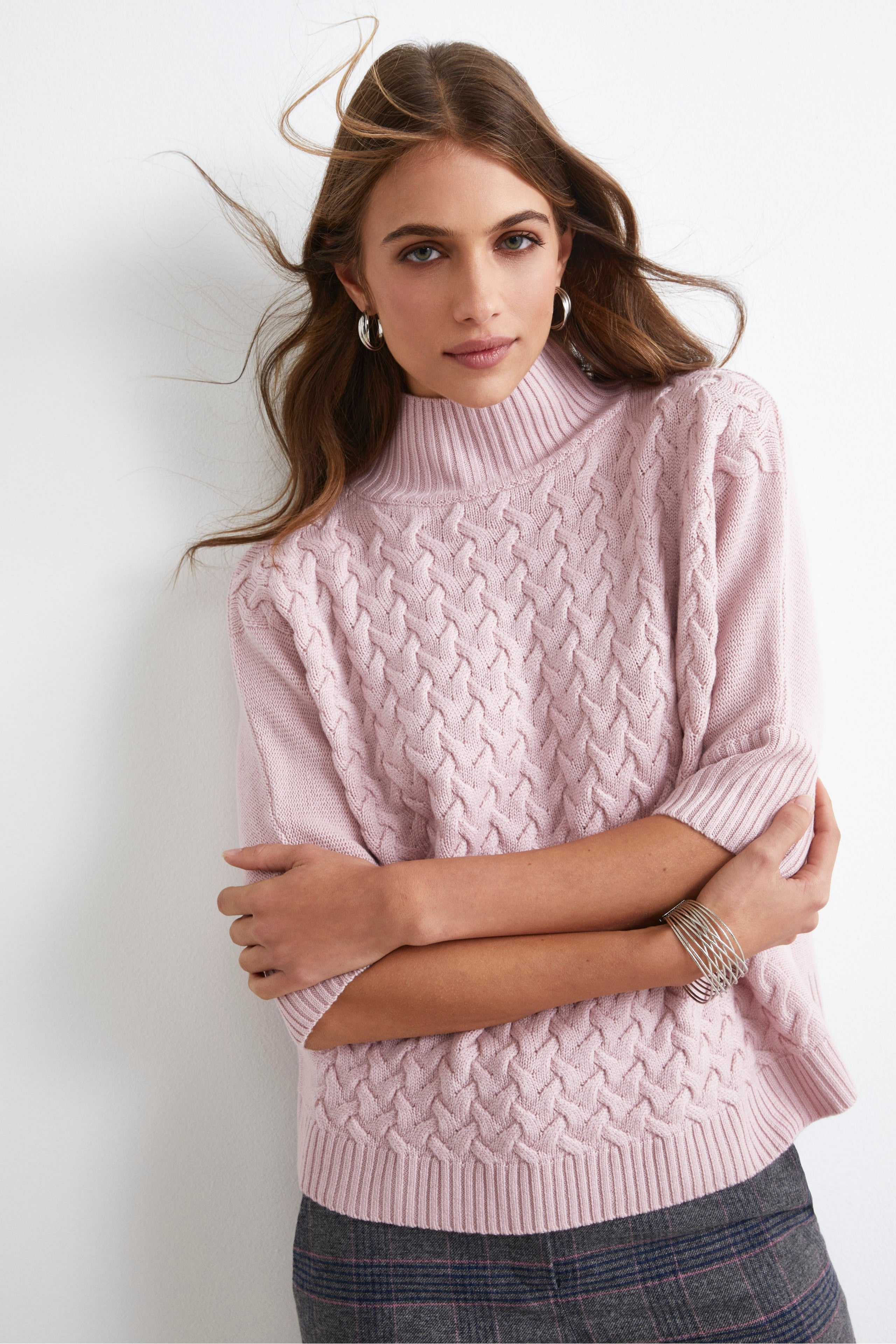 Ribbed Turtleneck with Cable Knit - PINK