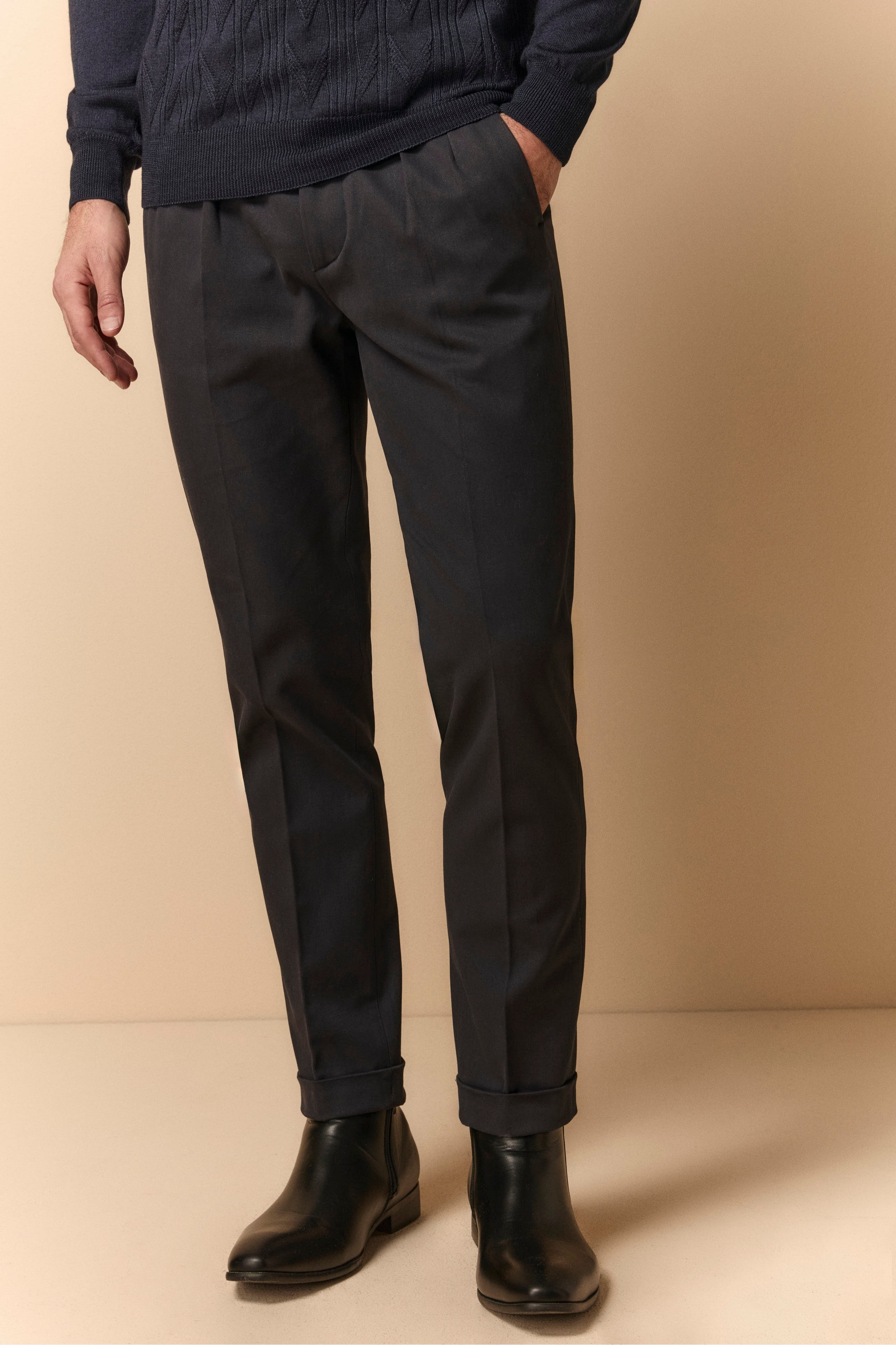 Slim Fit Trousers with Pleats in Gabardine - BLUE