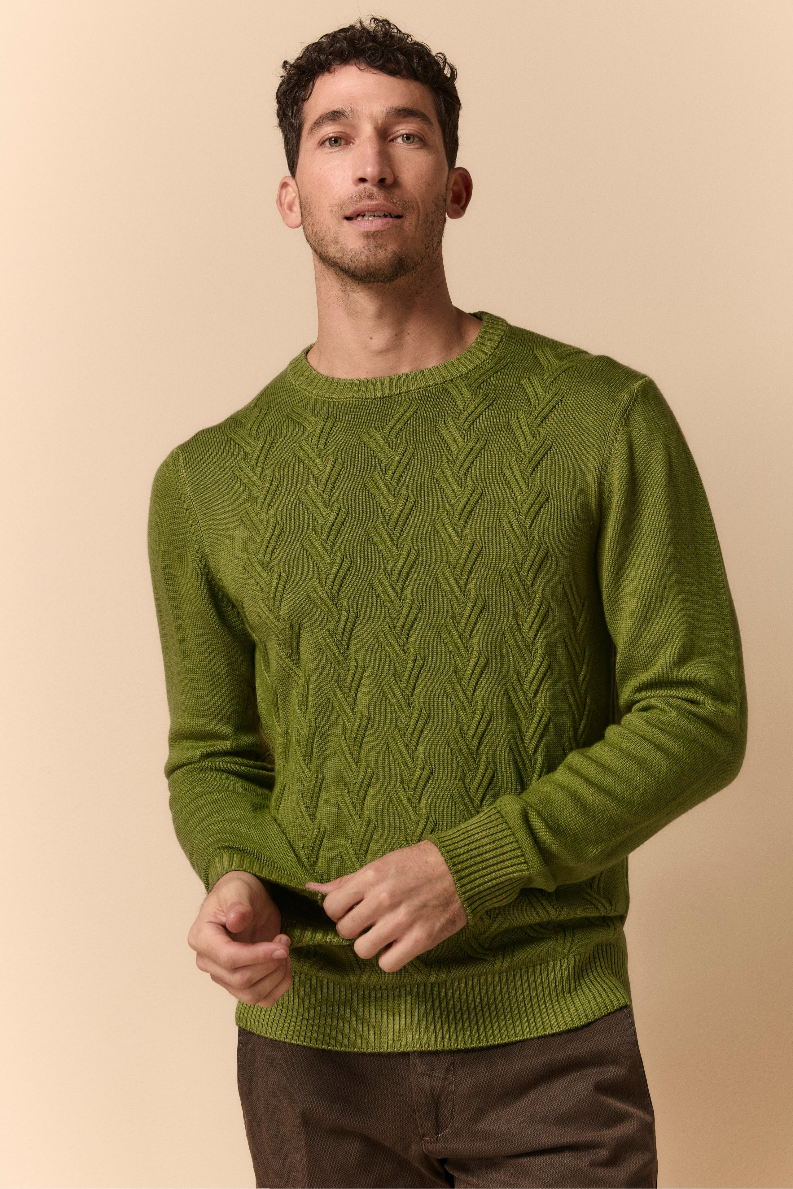 Diamond Pattern Crew Neck in Merino Wool - PISTACCHIO