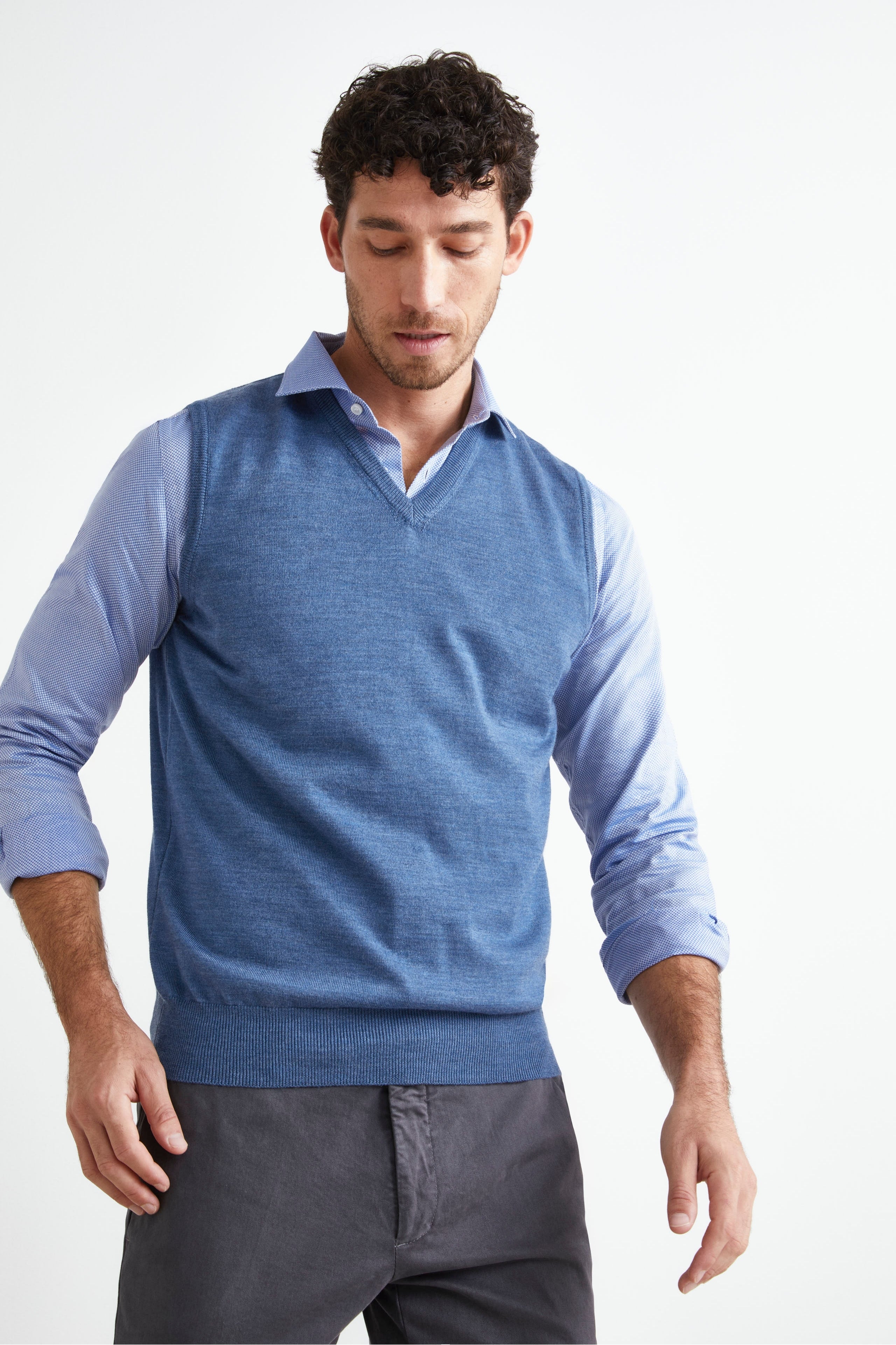 V-Neck Merino Wool Vest - DENIM