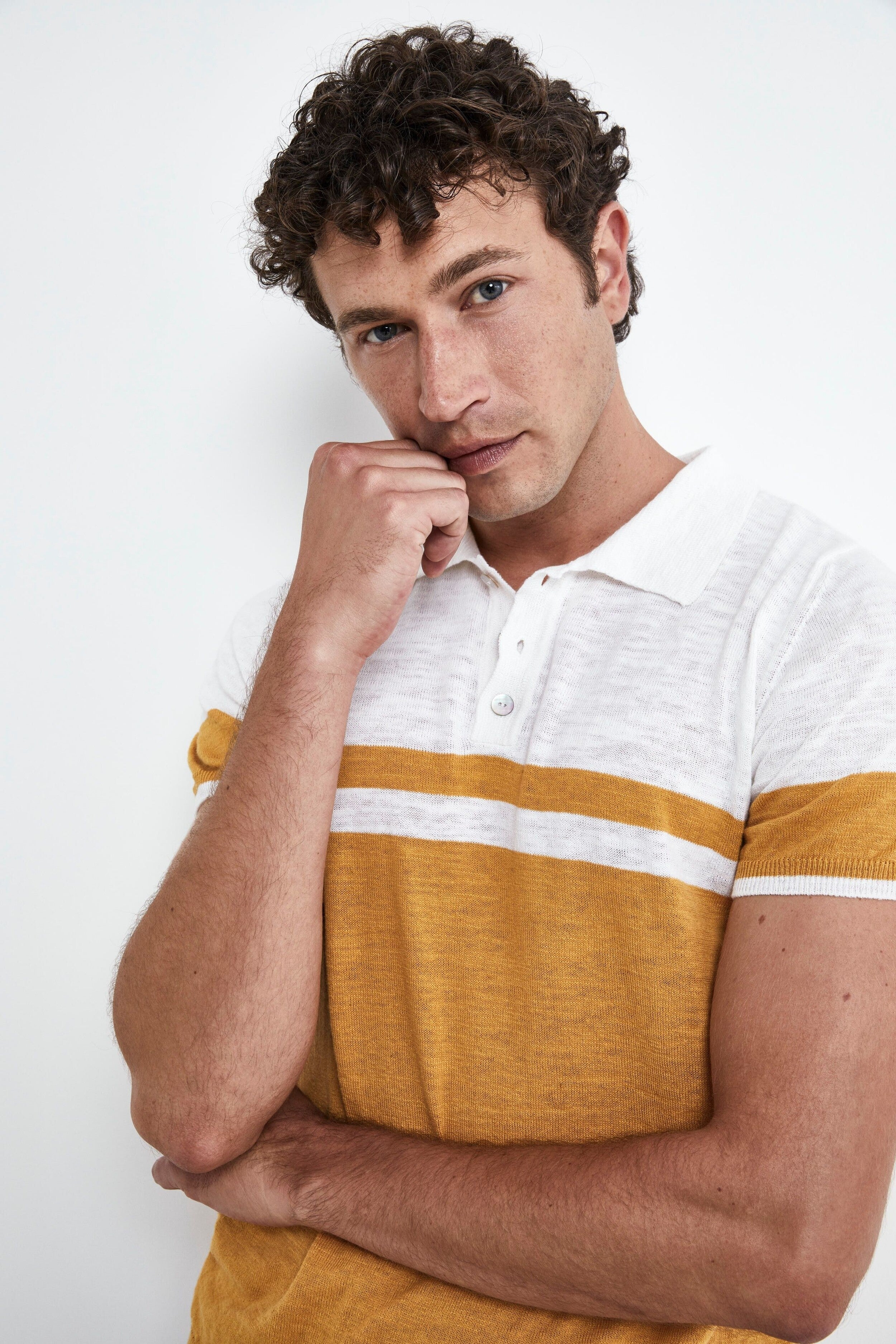 Knitted patterned polo shirt - Mustard-Cream