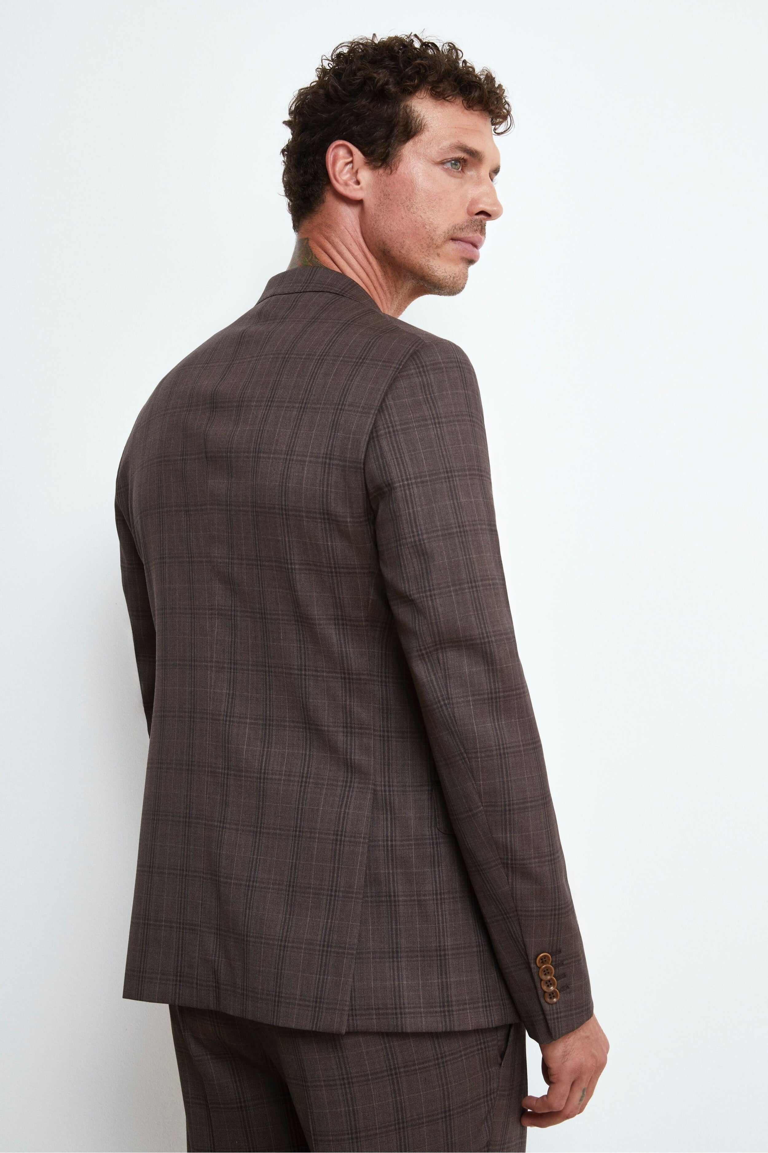 Single-Breasted Check Wool Suit - Brown check