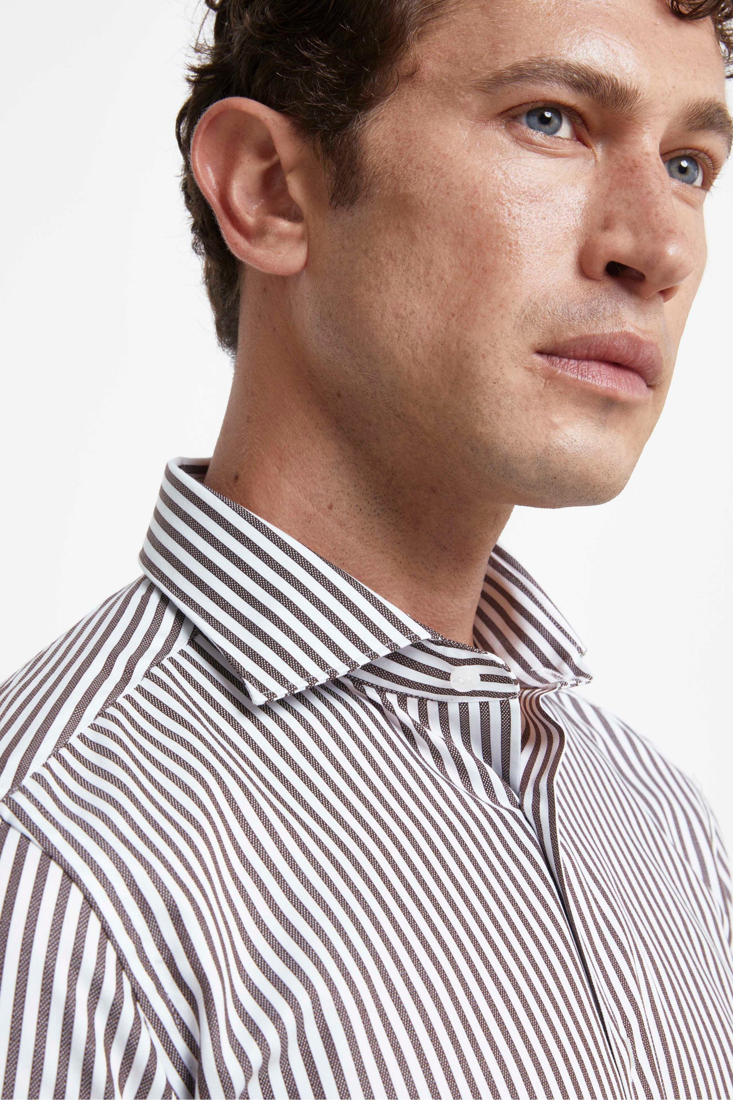 Slim Fit Striped Shirt with French Collar - Brown stripe