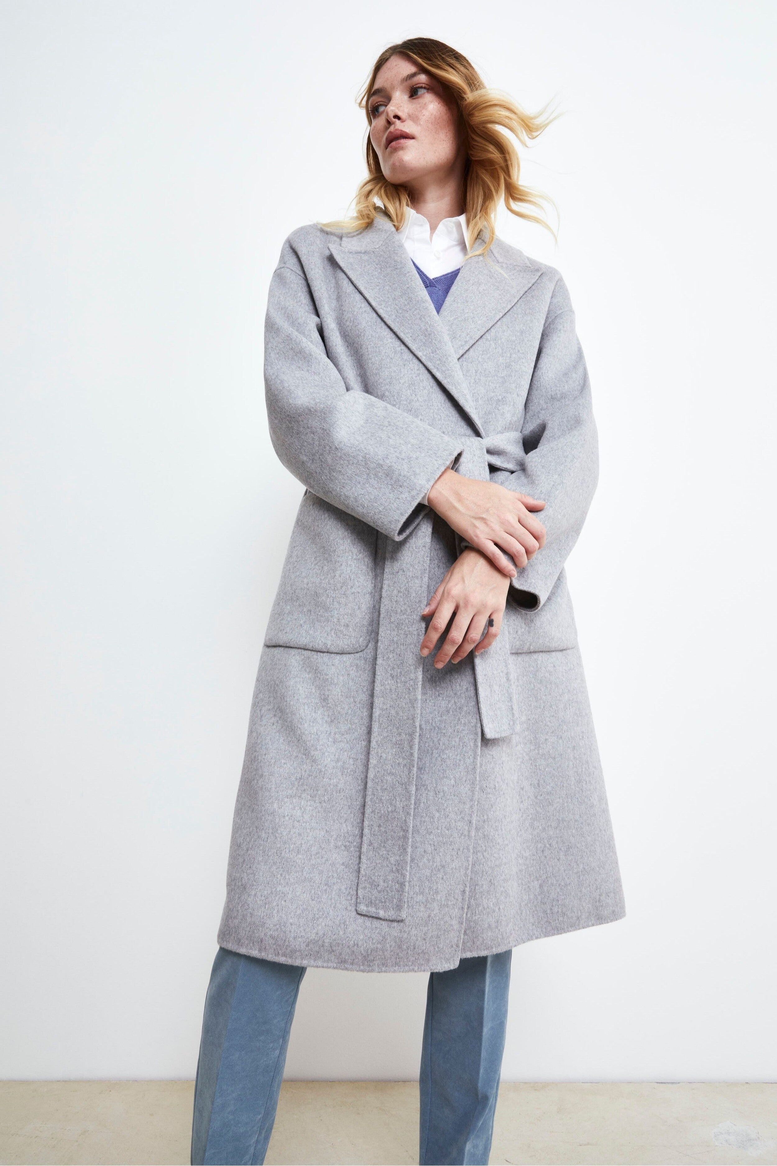 Double-Breasted Coat with Belt - Light grey