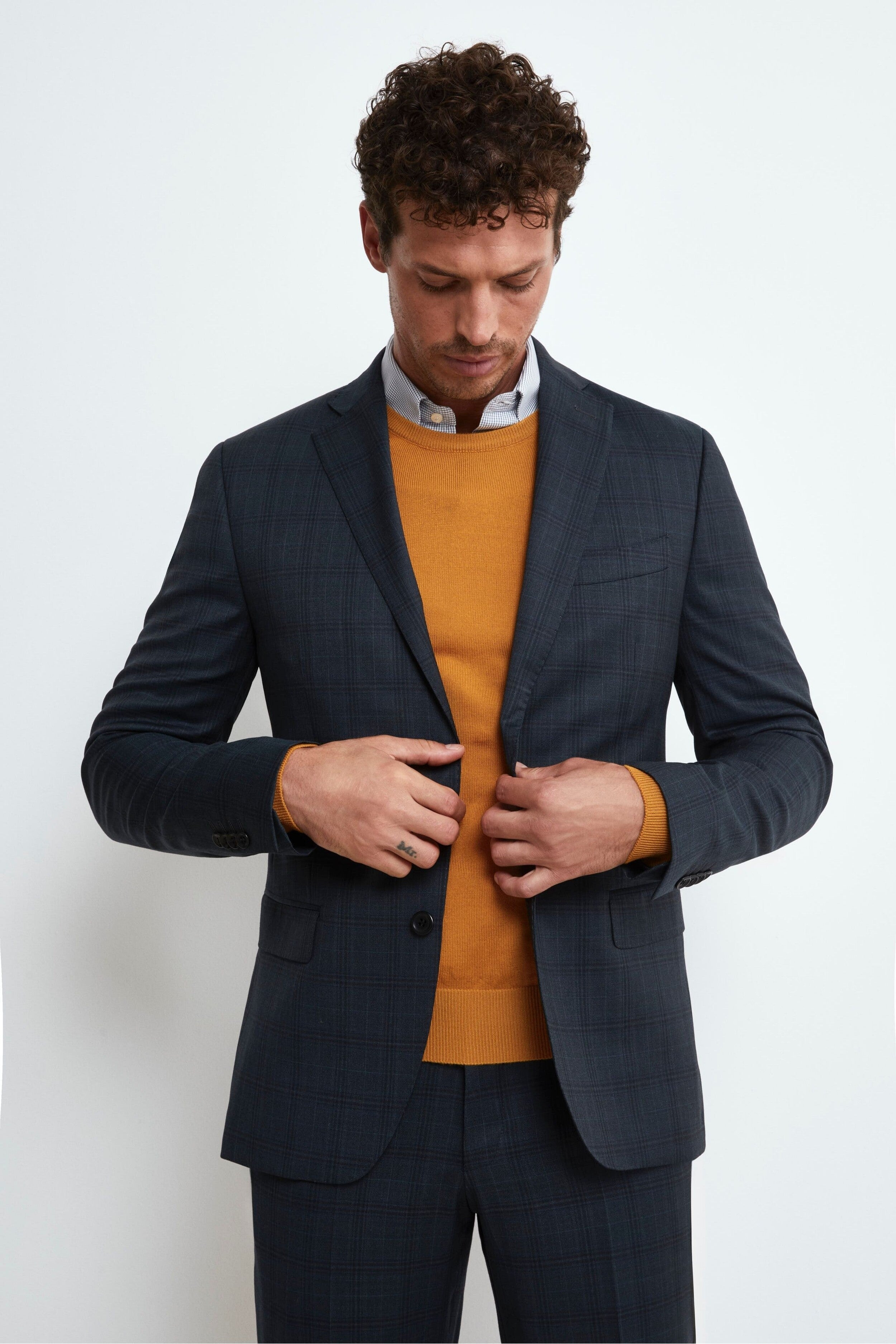 Single-Breasted Check Wool Suit - Green check