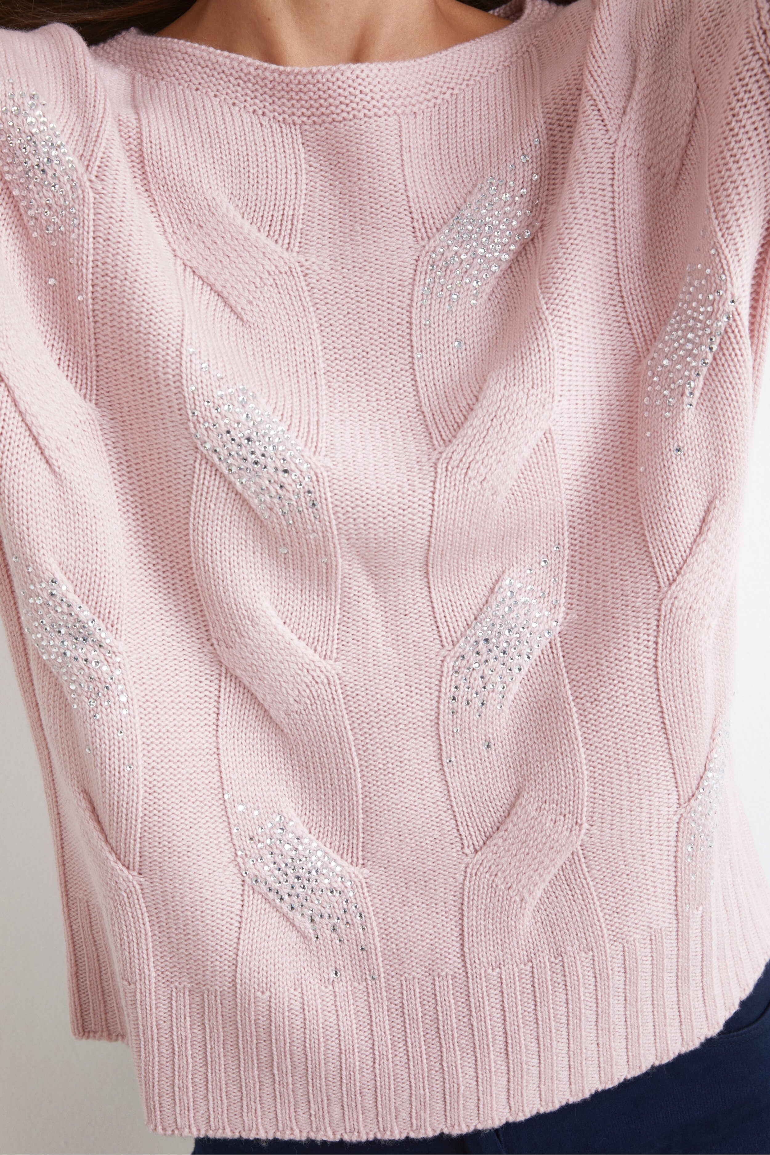 Cable Knit Sweater with Rhinestones - PINK