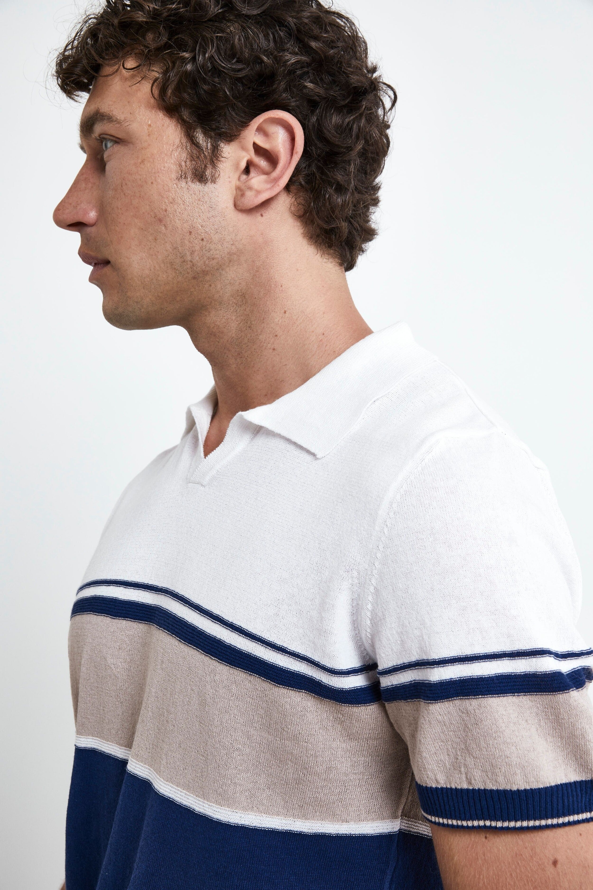 Striped Knit Polo Shirt - BLUE/MILK