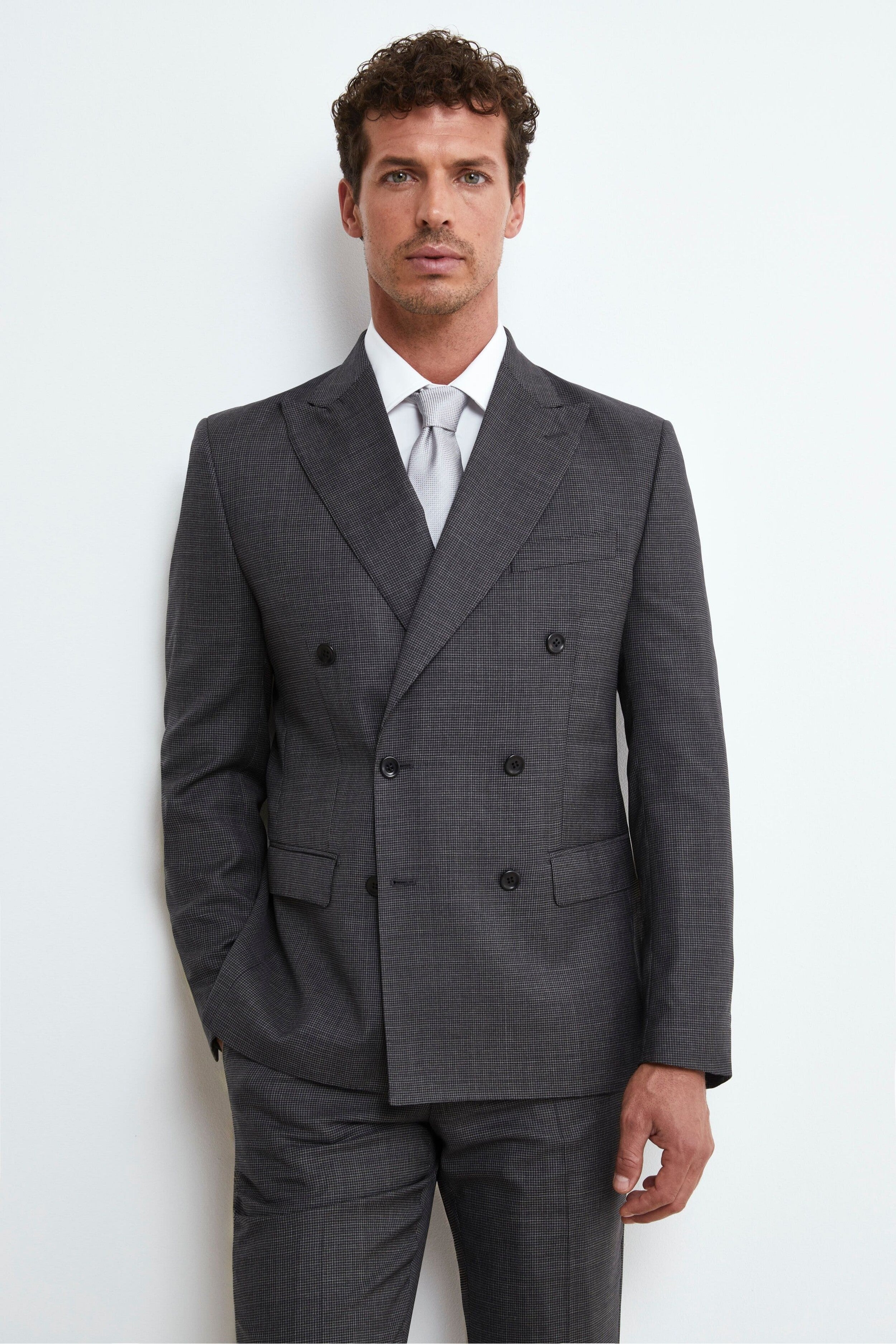 Slim Fit Double-Breasted Wool Suit - Charcoal grey check