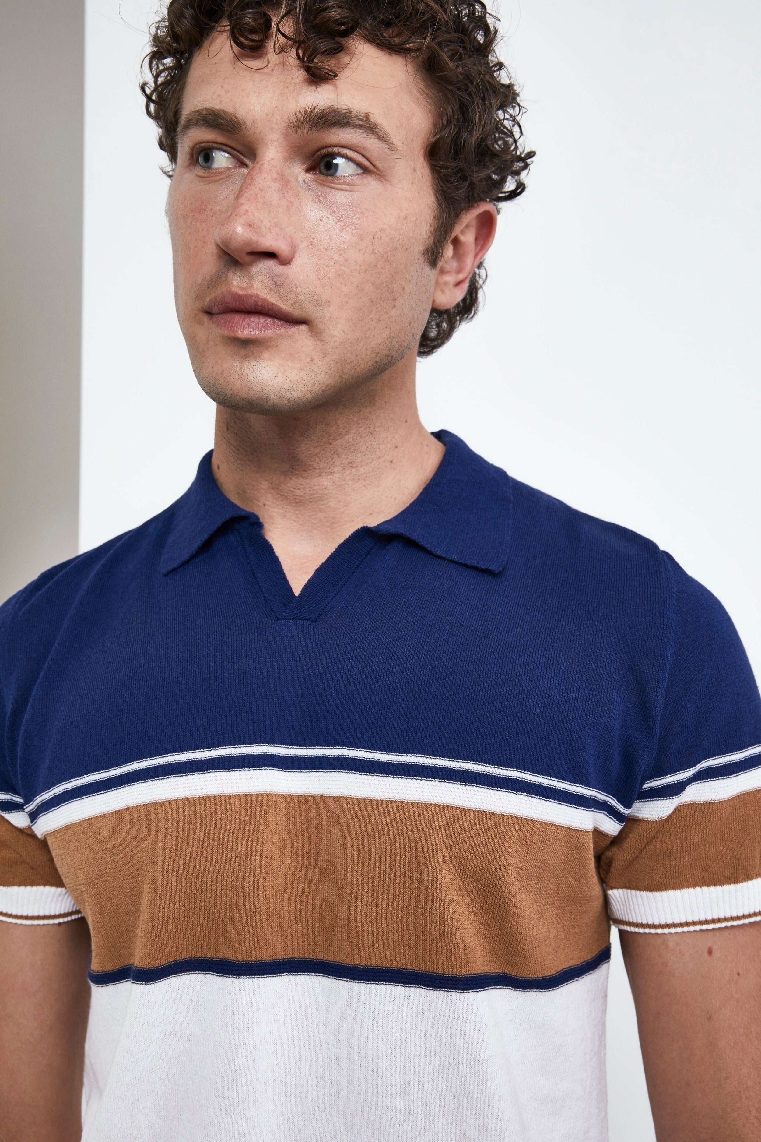 Striped Knit Polo Shirt - MILK/TOBACCO