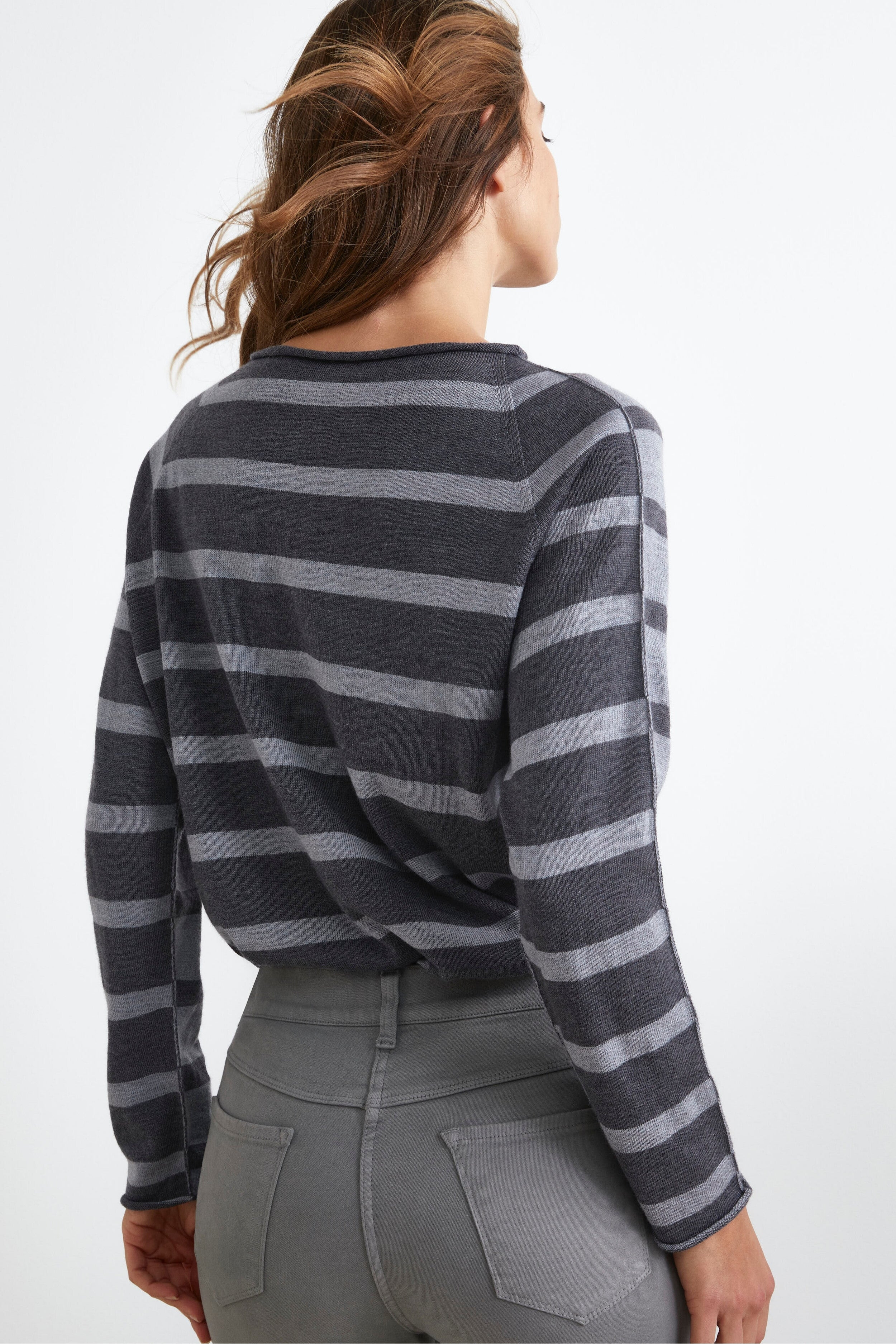 Oversized Striped Sweater in Merino Wool - Grey stripe