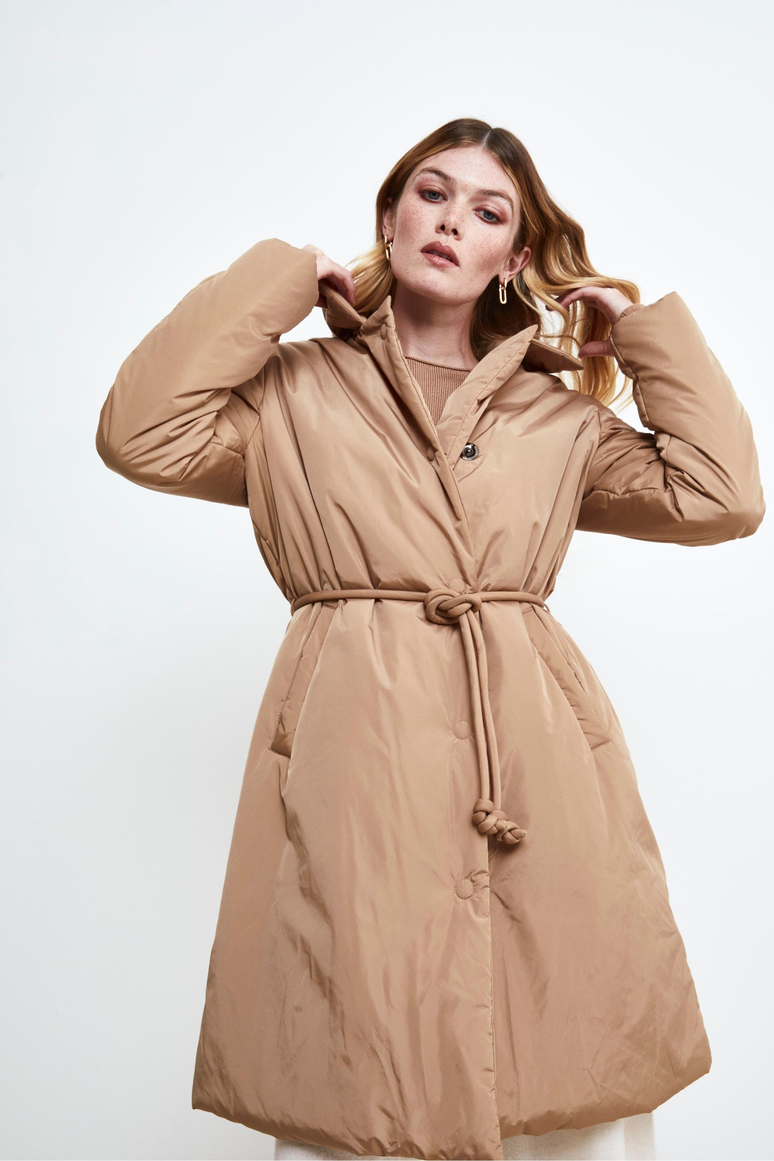 Midi Down Jacket with Belt - BEIGE