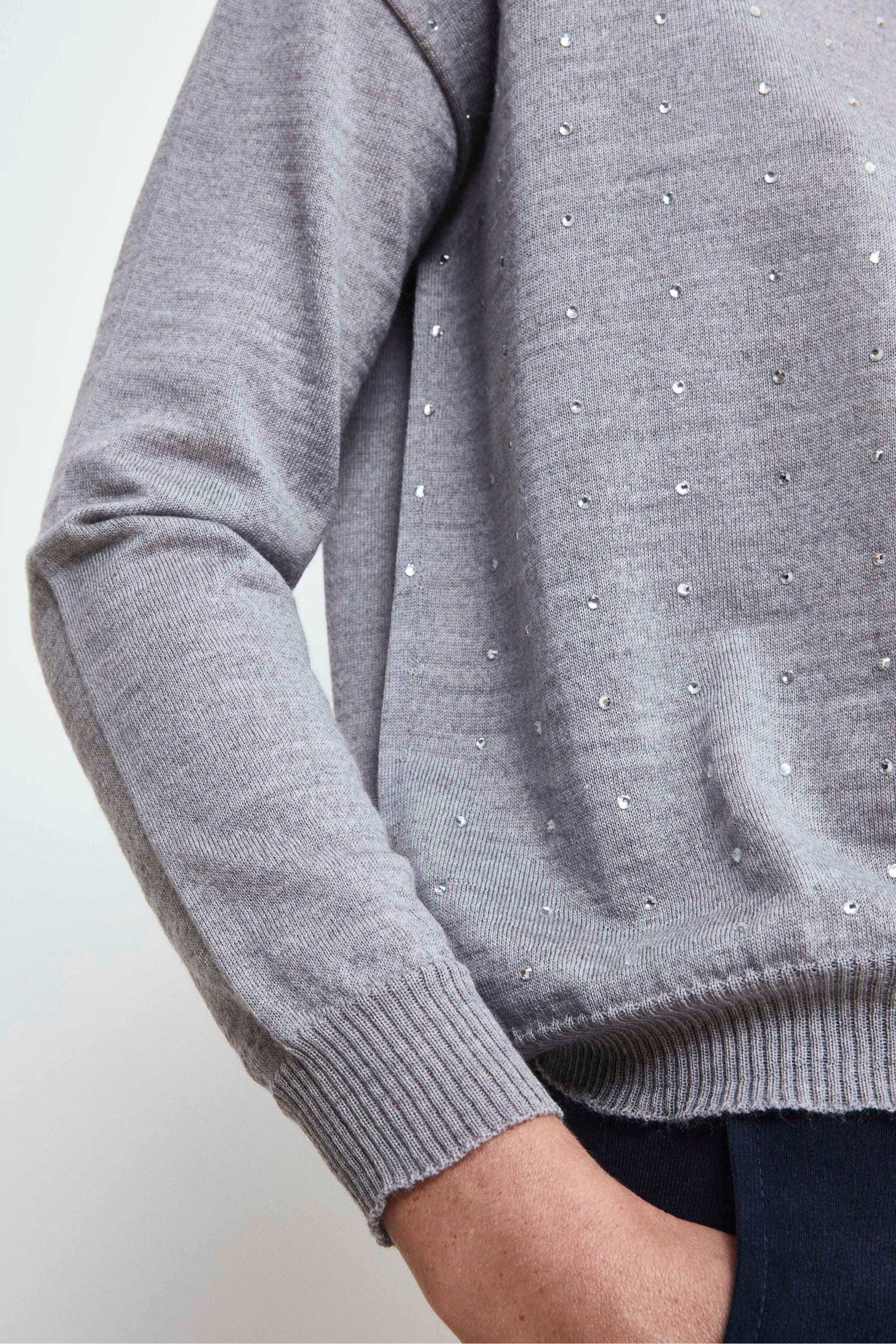 Rhinestone Merino Wool Sweater - Light grey